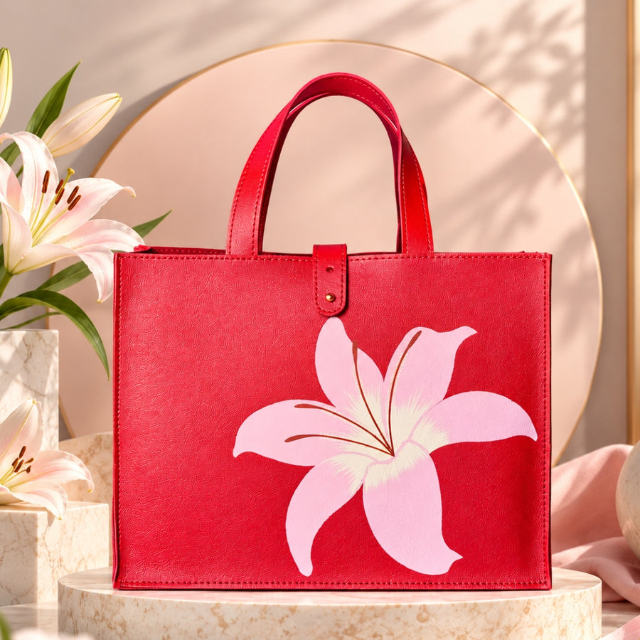 Red Vegan Leather Tulip Print Gift Tote Bag | Medium Handbag
