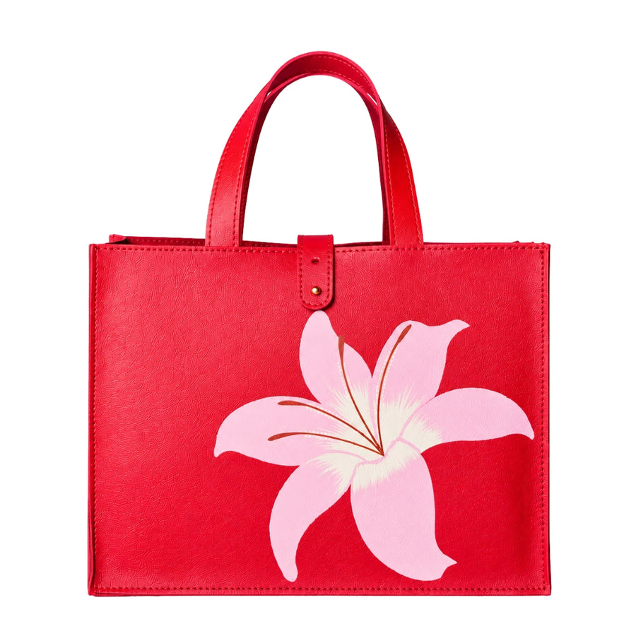 Red Vegan Leather Tulip Print Gift Tote Bag | Medium Handbag