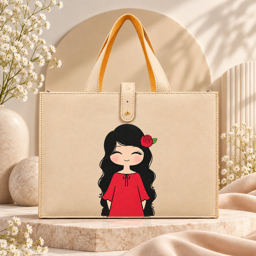Beige Vegan Leather Gift Tote Bag with Girls Character Print | Medium Casual Handbag