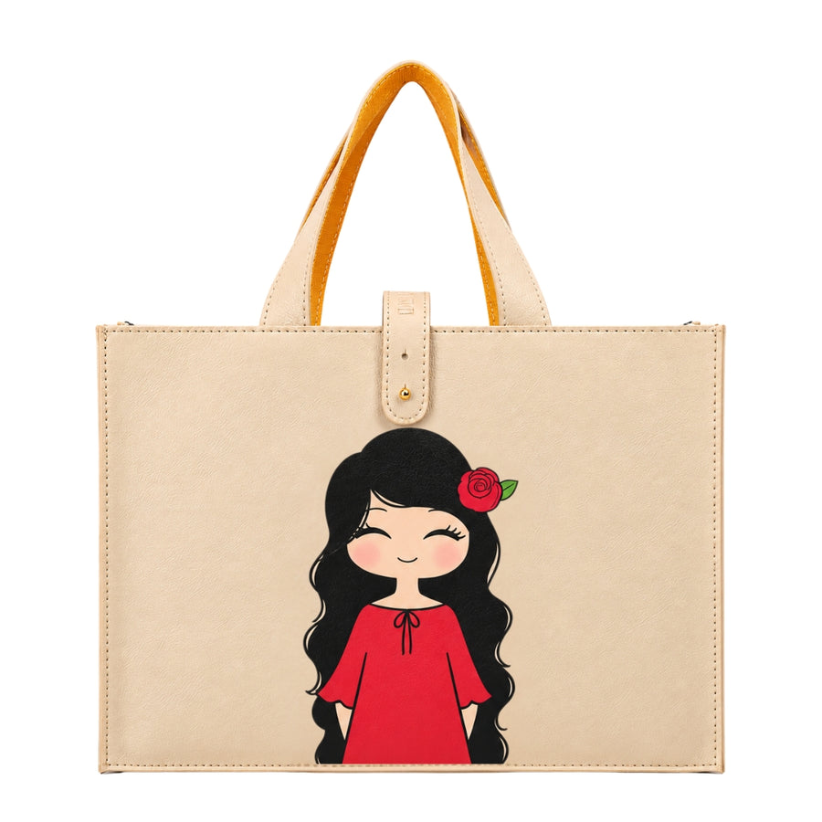 Beige Vegan Leather Gift Tote Bag with Girls Character Print | Medium Casual Handbag