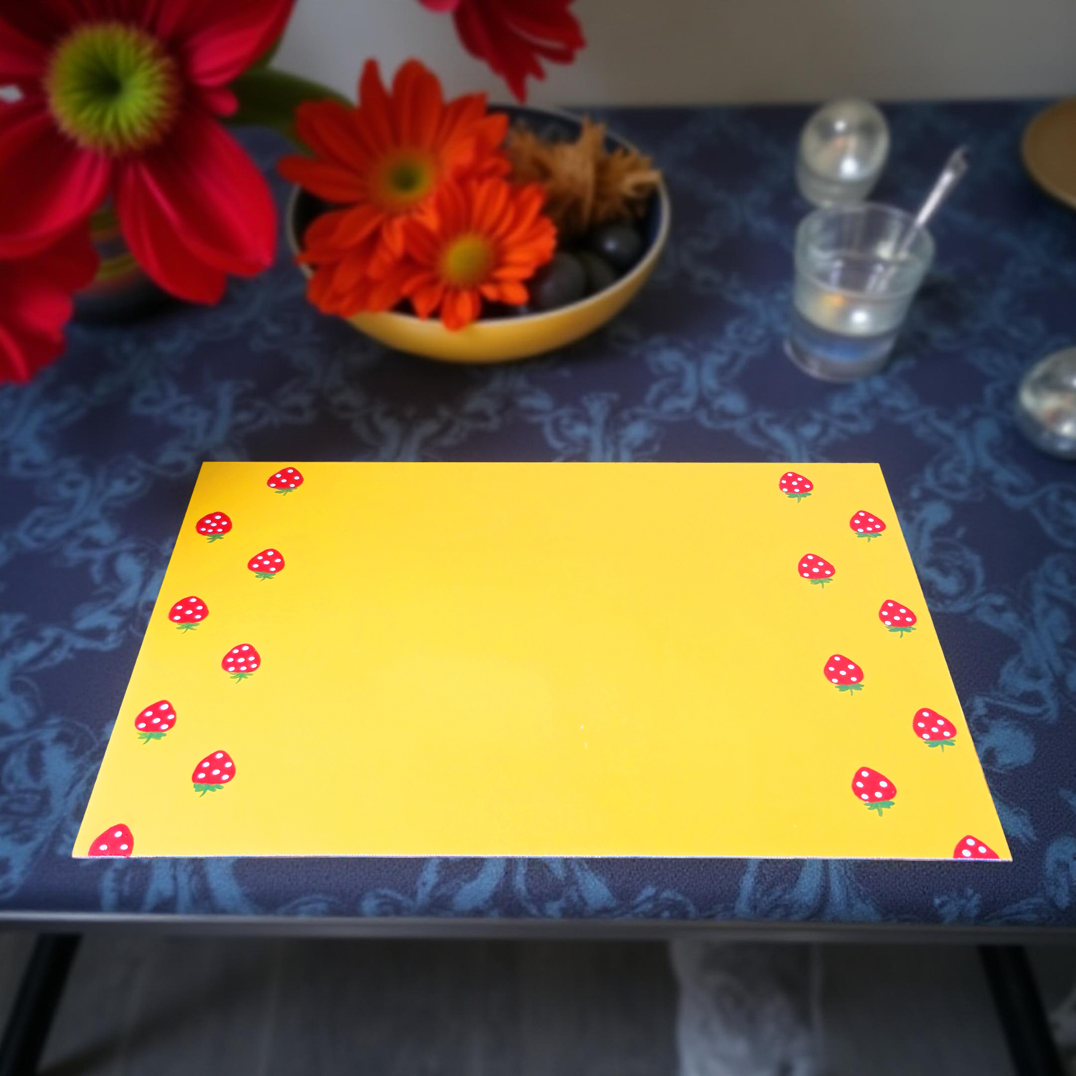 Durable & Vibrant Strawberry-themed Dining Mat - Yellow (Set of 2)