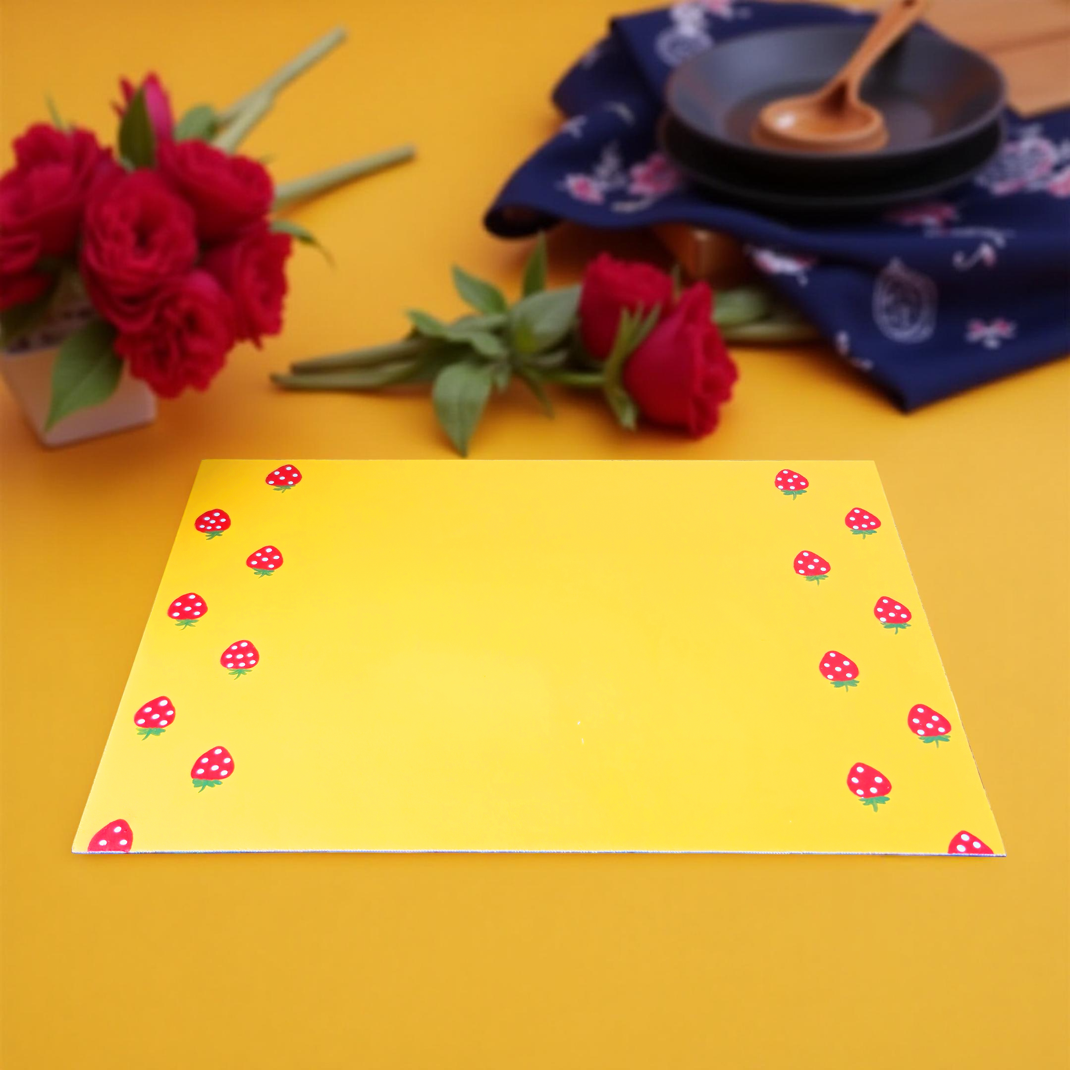 Durable & Vibrant Strawberry-themed Dining Mat - Yellow (Set of 2)