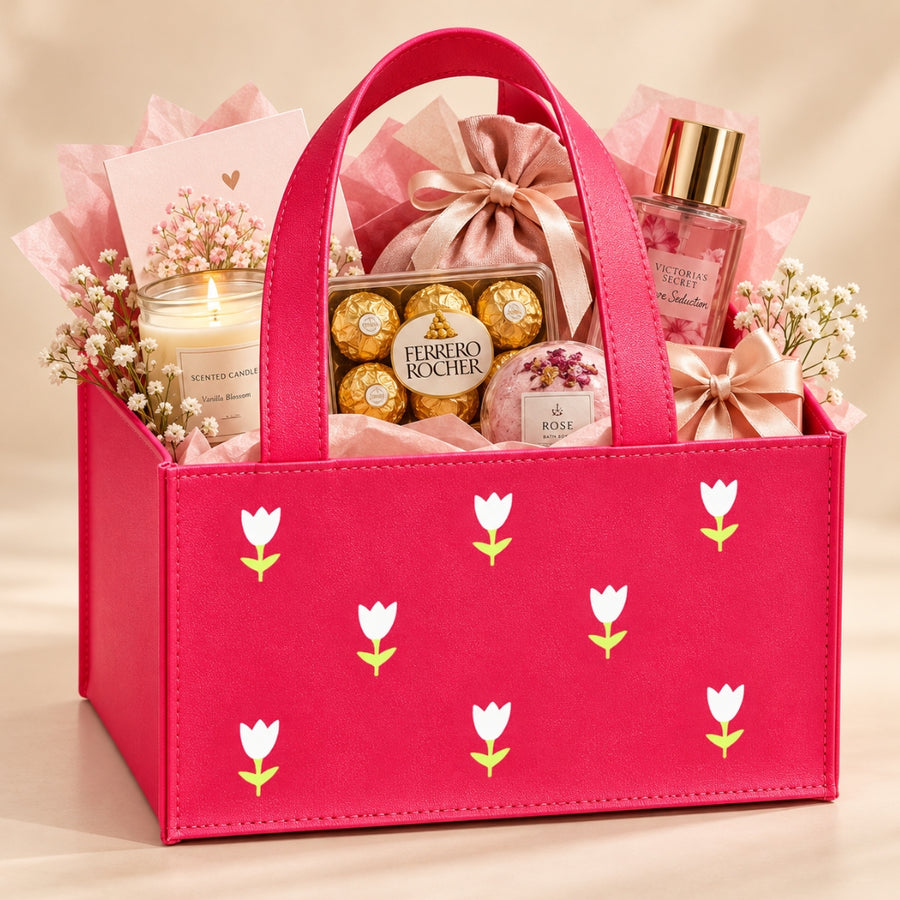 Red Vegan Leather Tulip Print Gift Basket | Medium