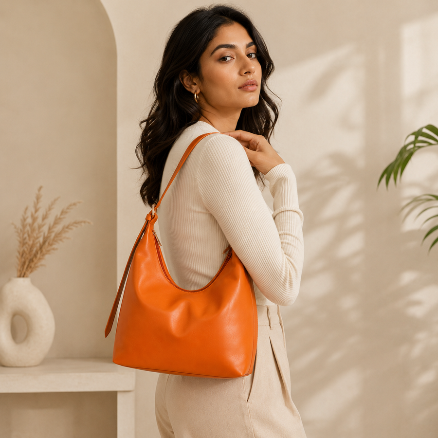 Orange Vegan Leather Hobo Shoulder Bag for Women