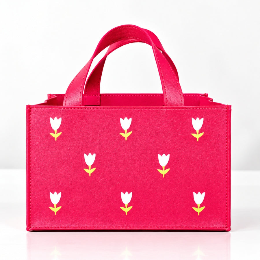 Red Vegan Leather Tulip Print Gift Basket | Medium