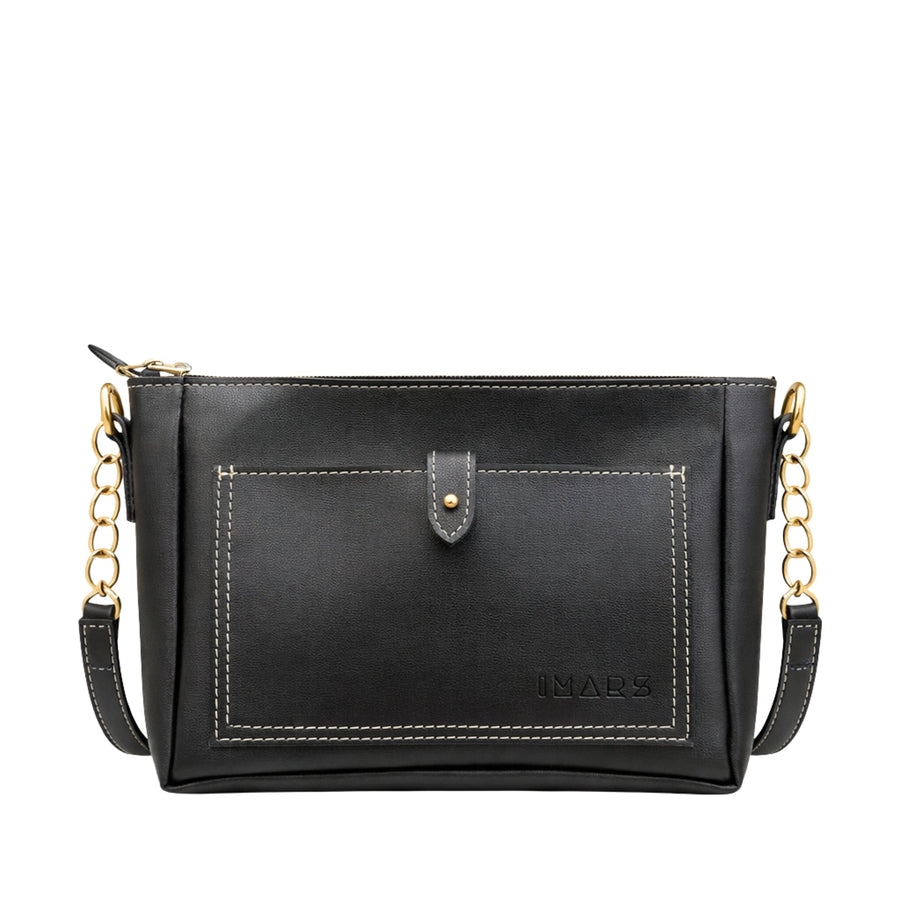 Women’s Black Vegan Leather Sling Bag with Zipper Pocket