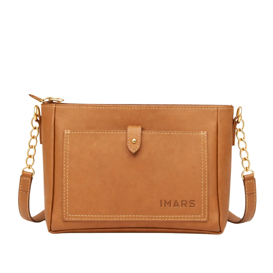 Women’s Tan Vegan Leather Sling Bag with Zipper Pocket