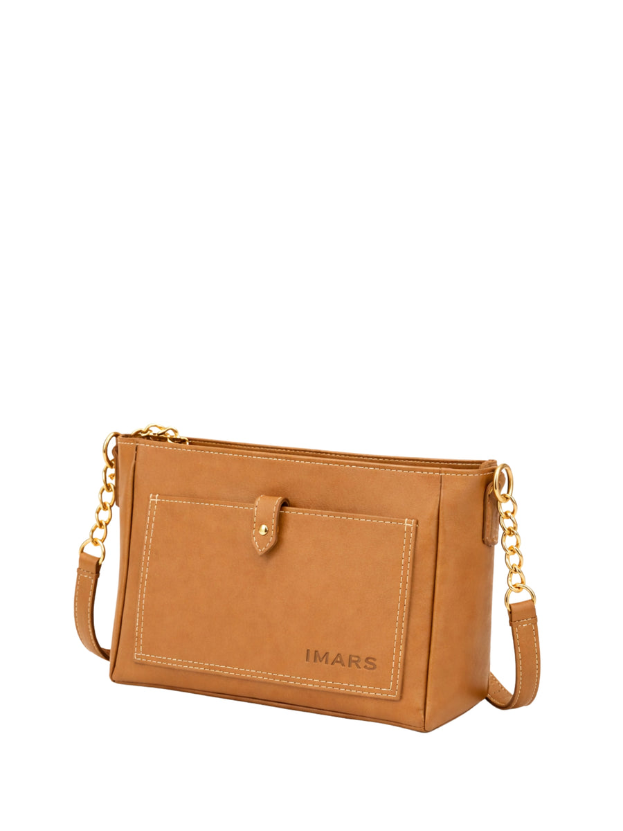 Women’s Tan Vegan Leather Sling Bag with Zipper Pocket