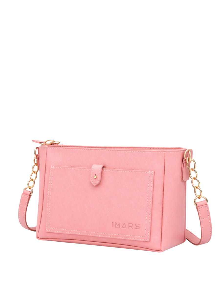 Women’s Light Pink Vegan Leather Sling Bag with Zipper Pocket