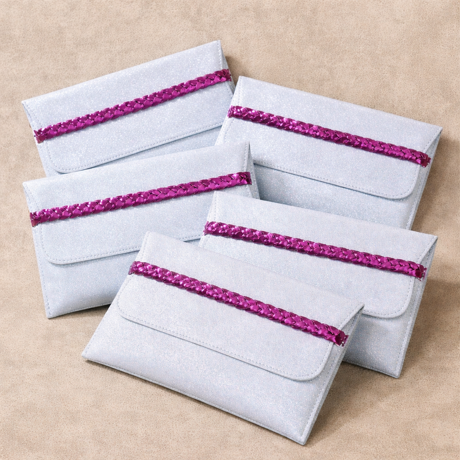 Silver Shimmer & Pink Vegan Leather Shagun Envelope | Braided Accent (Combo of 5)