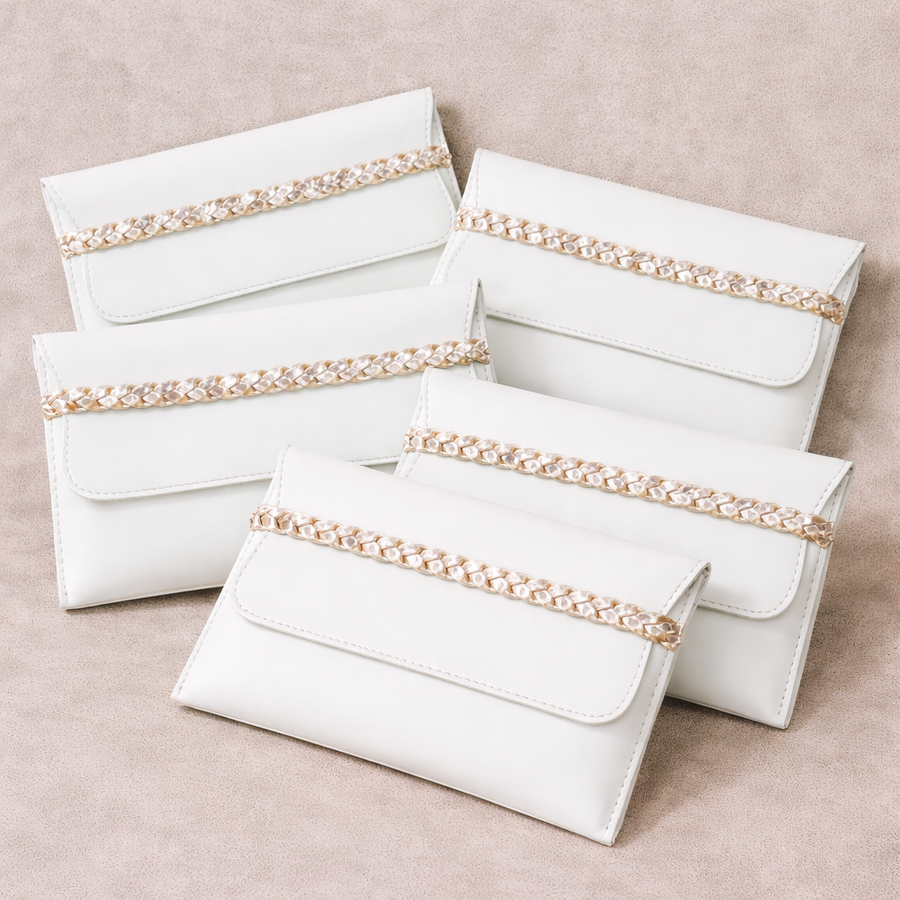 Elegant White Vegan Leather Shagun Envelopes | Gold Chain Accent (Combo of 5)