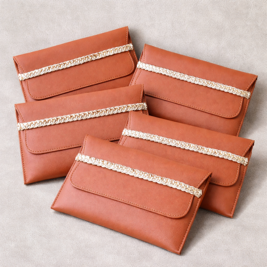 Tan Gold Vegan Leather Shagun Envelope | Braided Accent Flap Closure (Combo of 5)