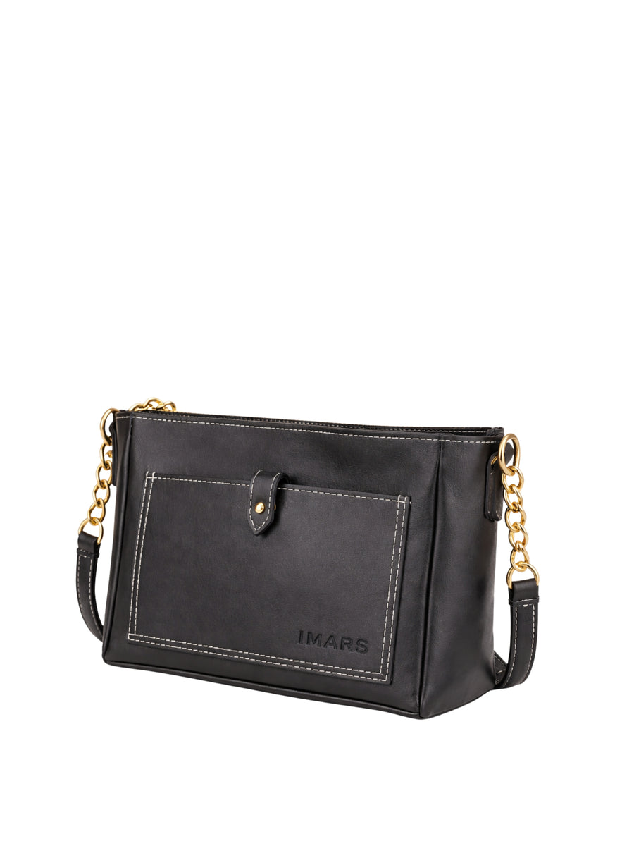 Women’s Black Vegan Leather Sling Bag with Zipper Pocket