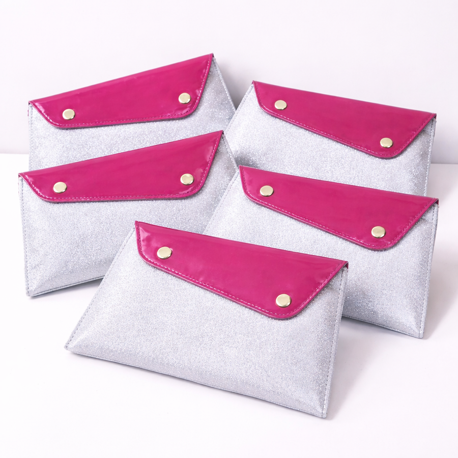 Pink & Silver Shimmer Envelope Pouch – Vegan Leather Shagun Holder with Snap Closure (Combo of 5)