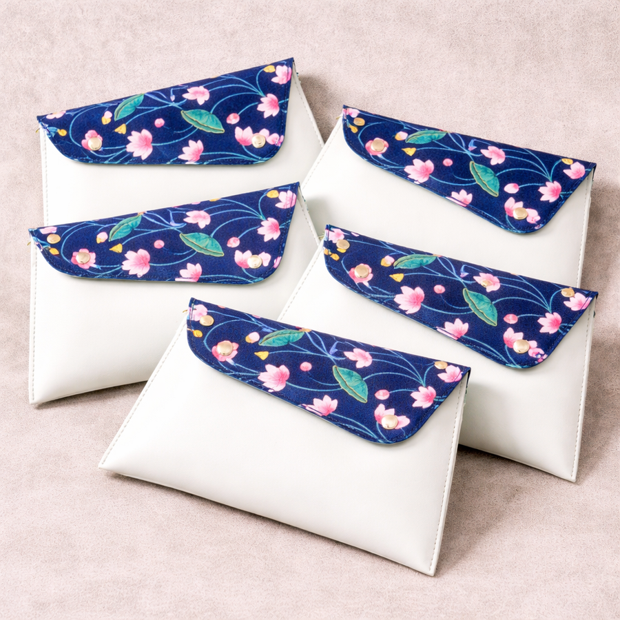 White & Blue Floral Envelope Pouch – Vegan Leather Shagun & Essentials Holder with Snap Closure  (Combo of 5)