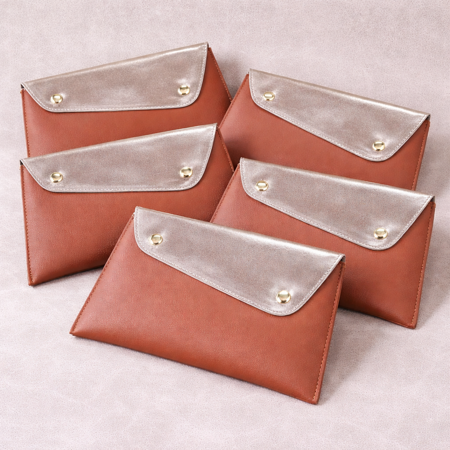 Tan & Gold Shagun Envelopes | Vegan Leather & Shimmer | Snap Closure (Combo of 5)