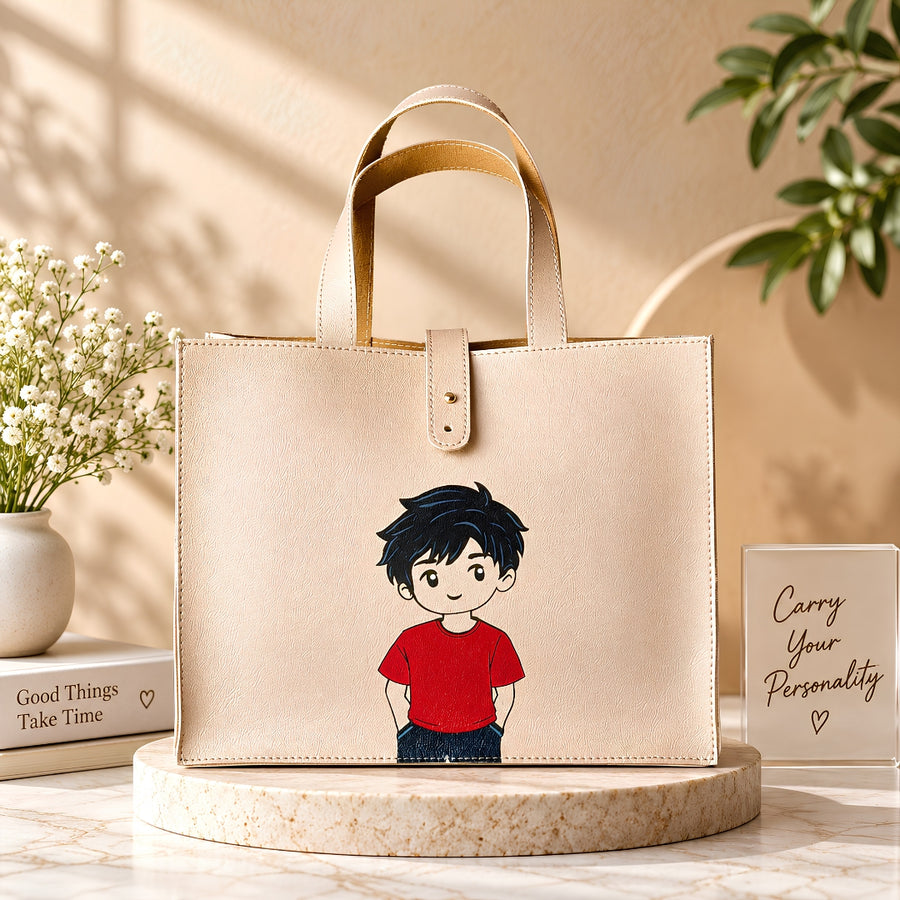 Beige Vegan Leather Gift Tote Bag with Boys Character Print | Medium Casual Handbag
