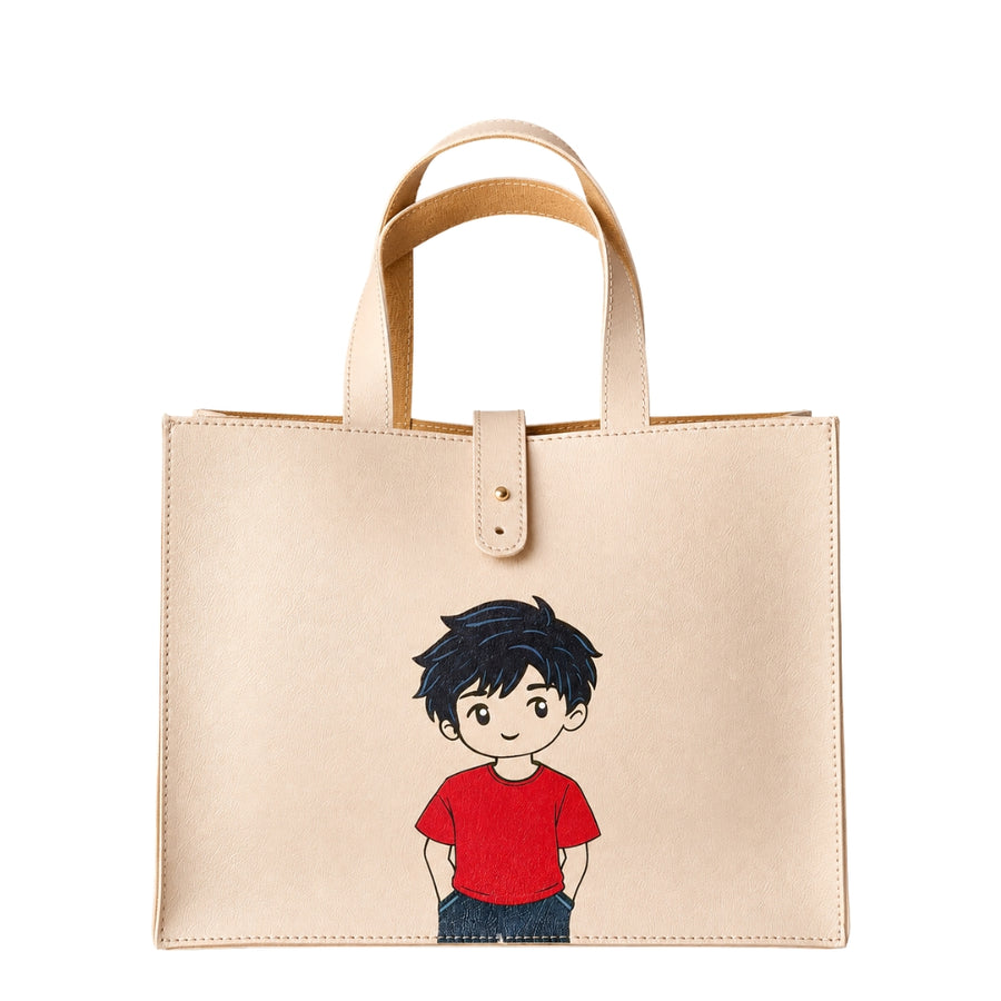 Beige Vegan Leather Gift Tote Bag with Boys Character Print | Medium Casual Handbag