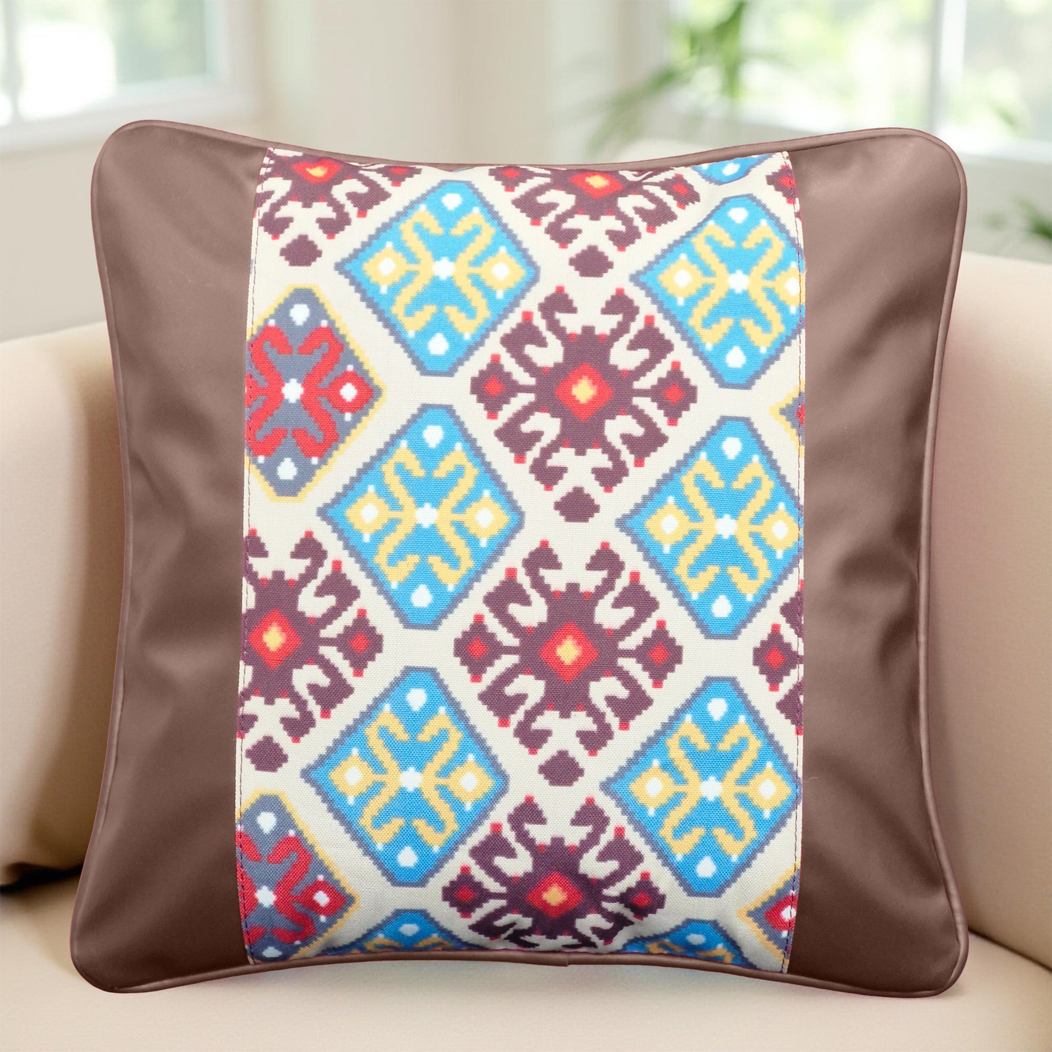 Decorative Luxury Vegan Leather & Canvas Tribe Print Pillow Covers - Set of 2 (Large)