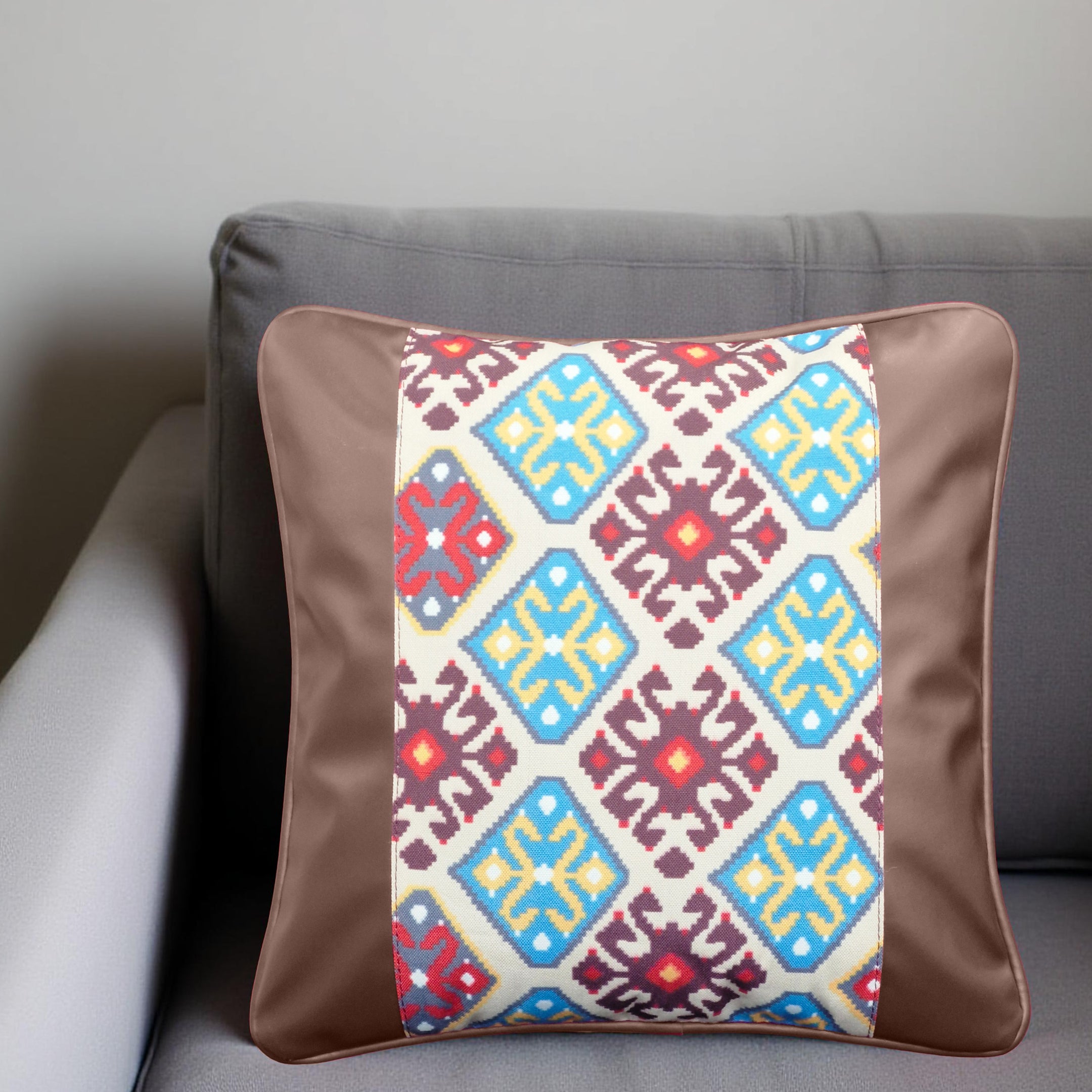 Decorative Luxury Vegan Leather & Canvas Tribe Print Pillow Covers - Set of 2 (Large)