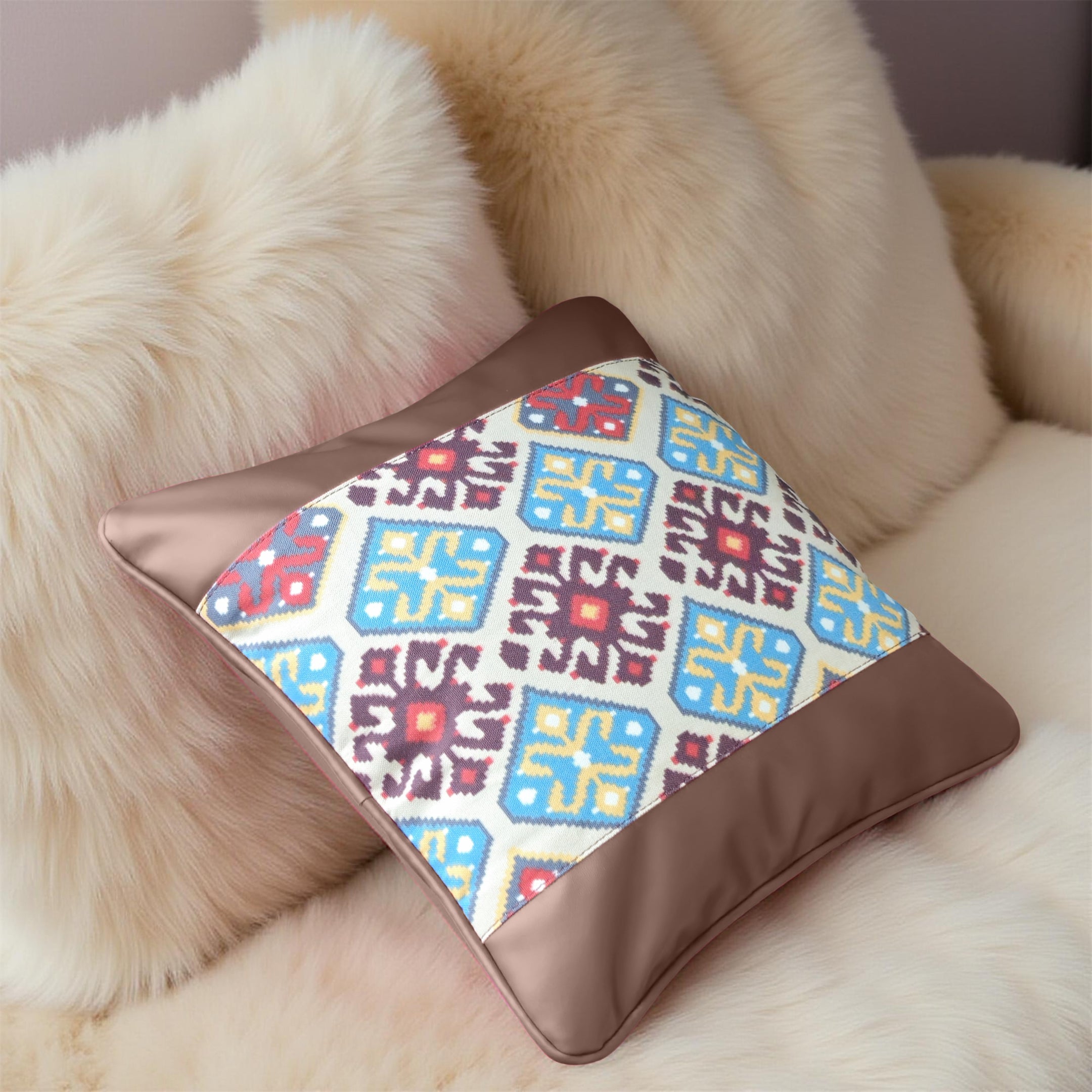 Decorative Luxury Vegan Leather & Canvas Tribe Print Pillow Covers - Set of 2 (Large)