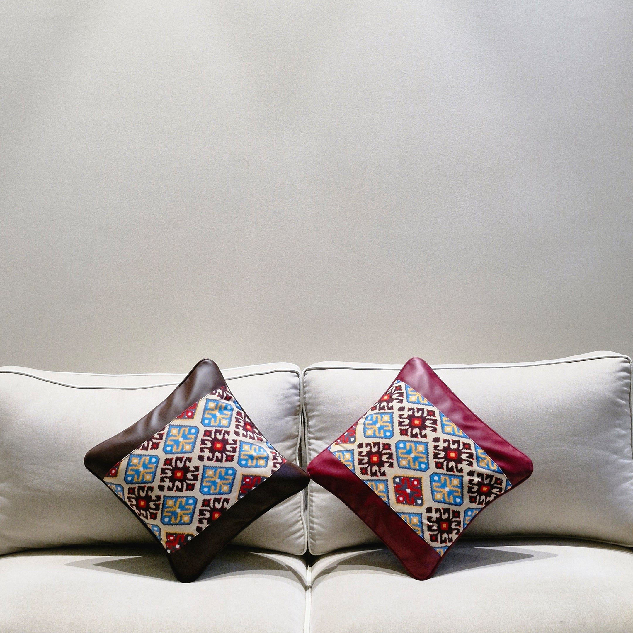 Decorative Luxury Vegan Leather & Canvas Tribe Print Pillow Covers - Set of 2 (Large)