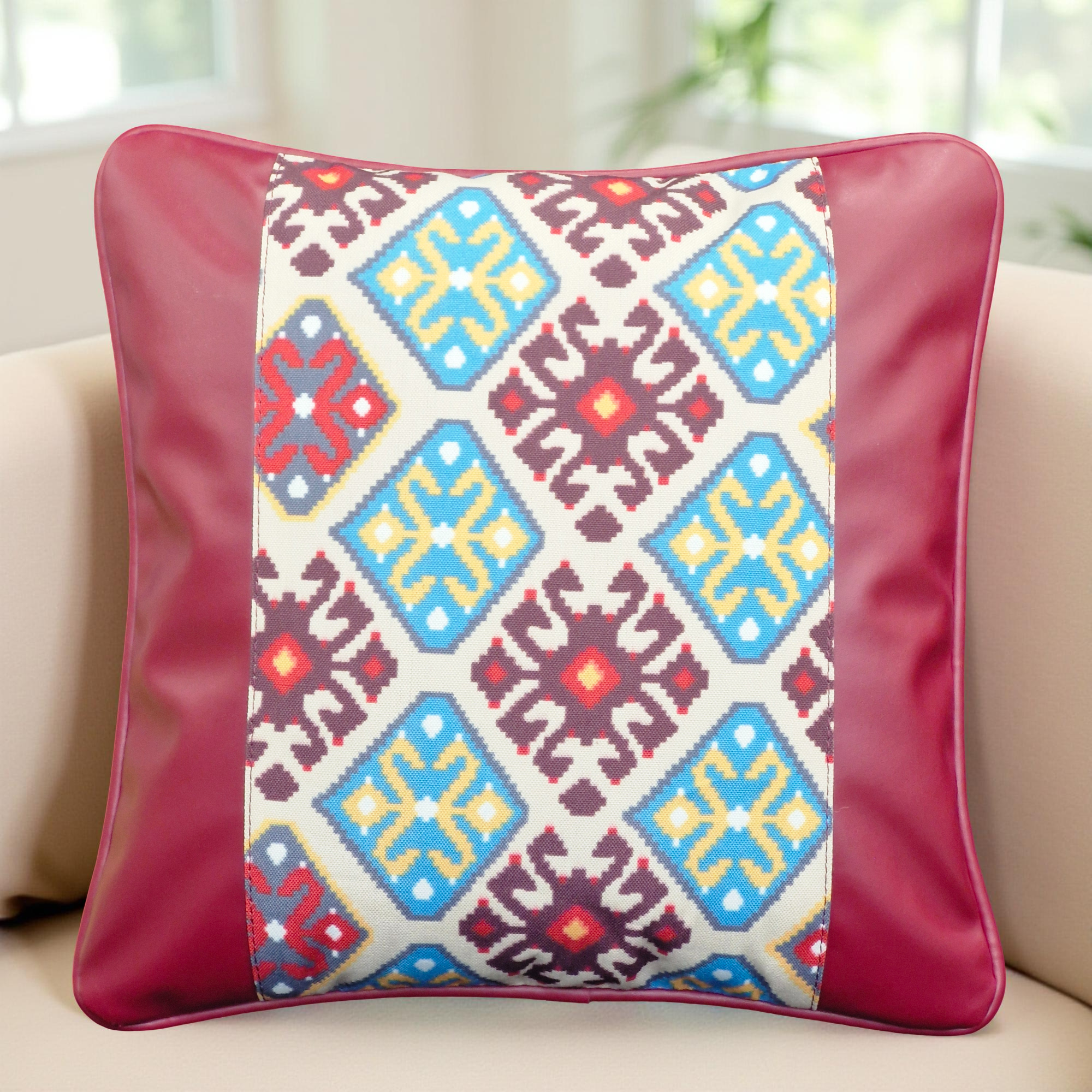 Decorative Faux Leather & Canvas Tribal Print Pillow Covers - Set of 2 (Large)