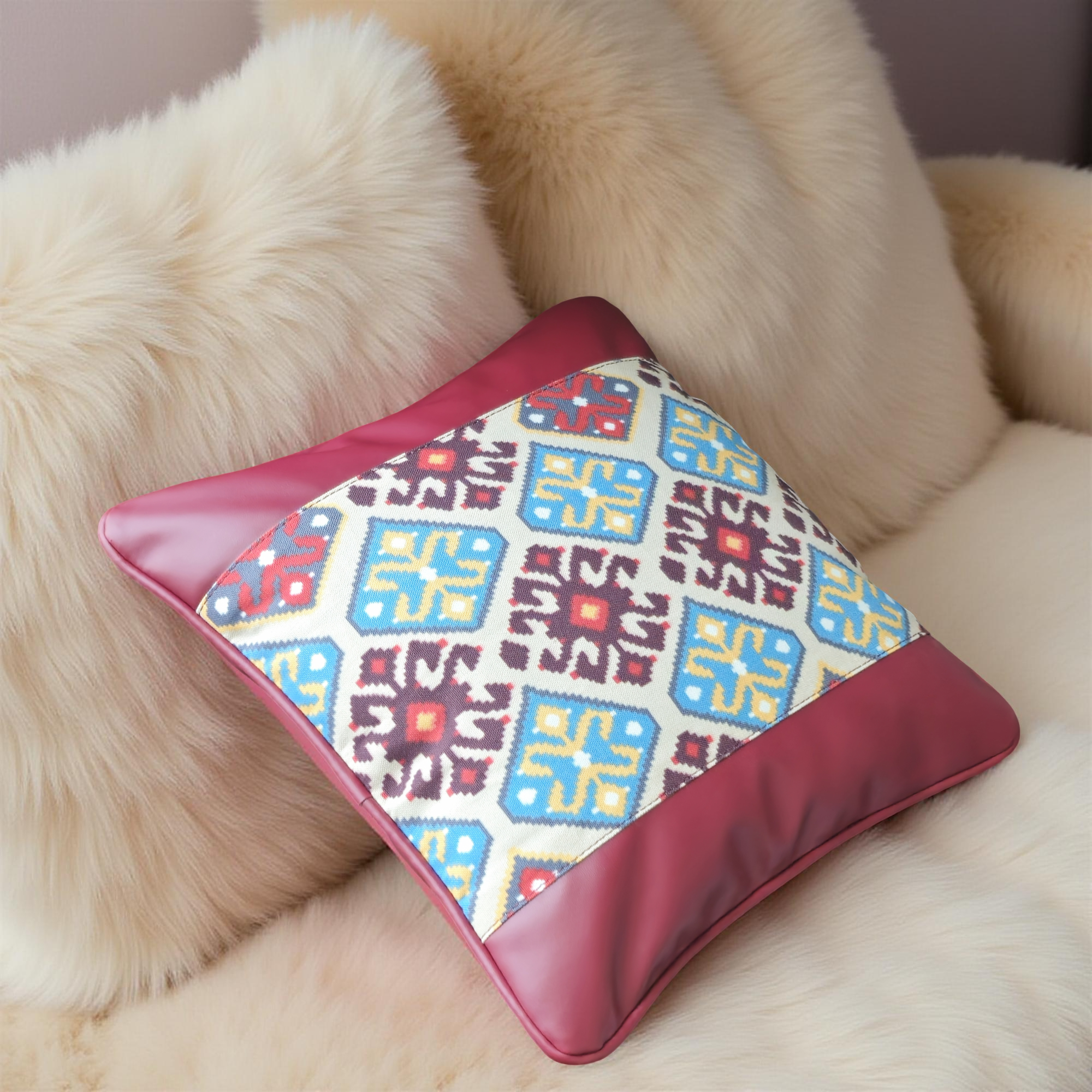 Decorative Faux Leather & Canvas Tribal Print Pillow Covers - Set of 2 (Large)