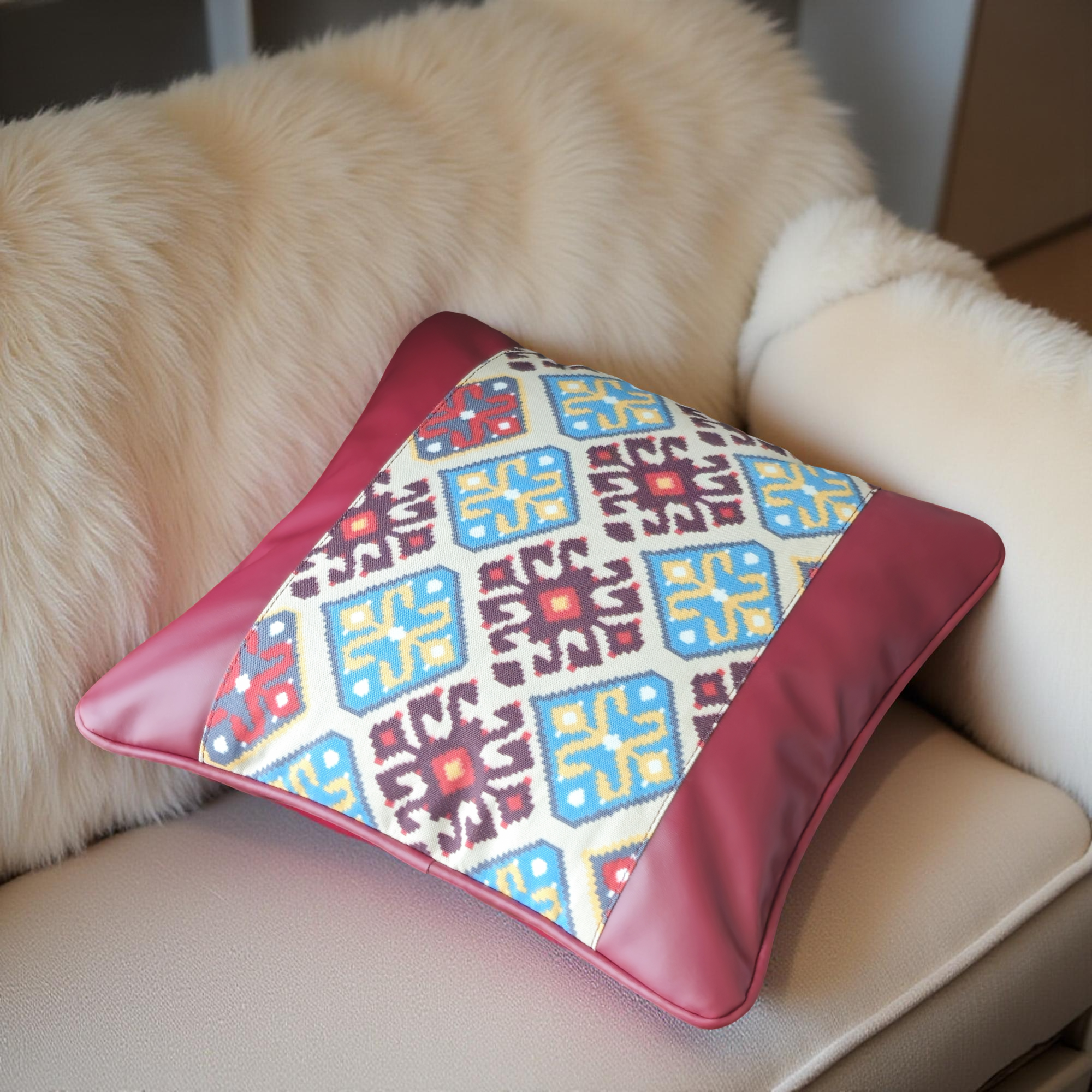 Decorative Faux Leather & Canvas Tribal Print Pillow Covers - Set of 2 (Large)