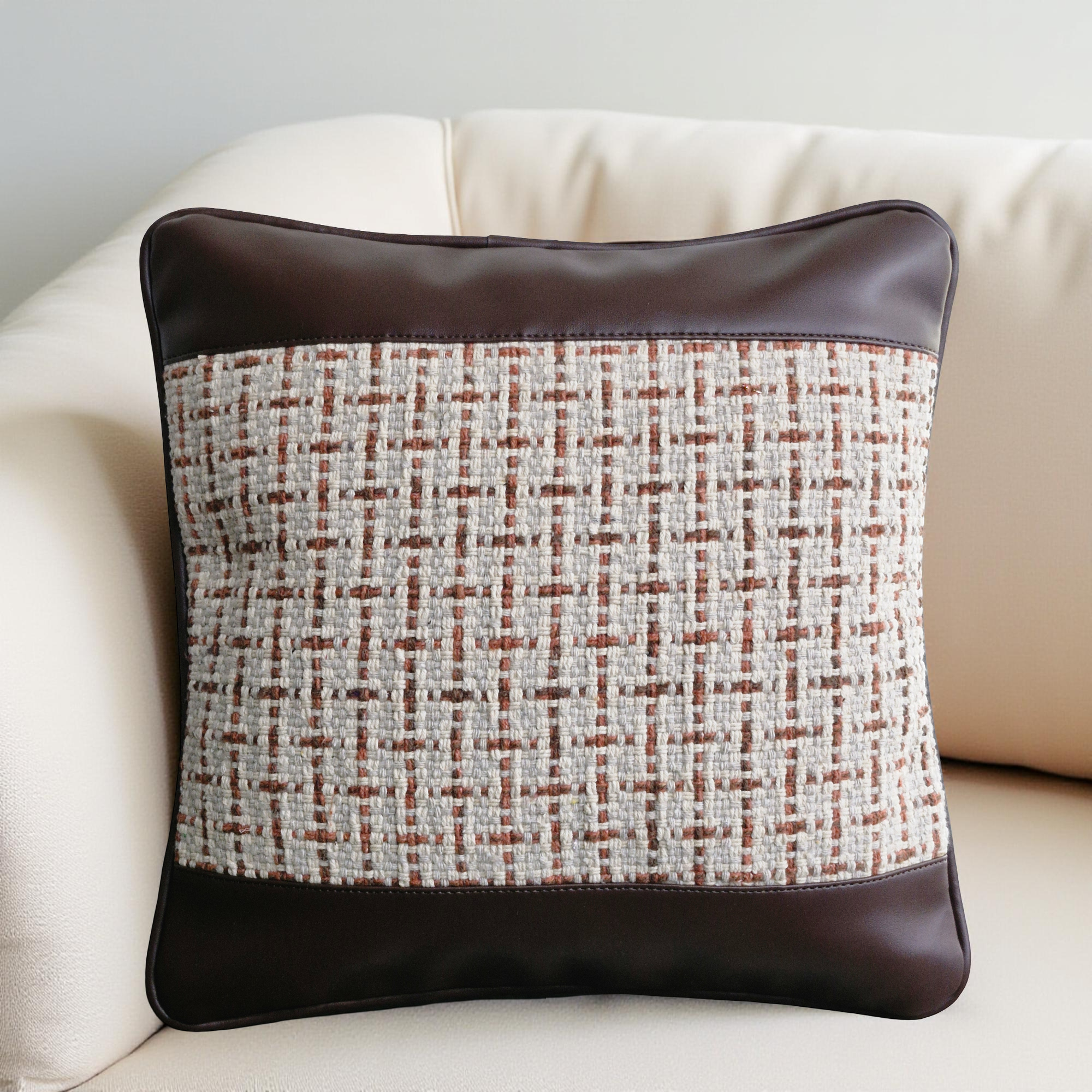 Decorative Faux Leather & Handloom Weave Pillow Covers - Set of 2  (Medium)