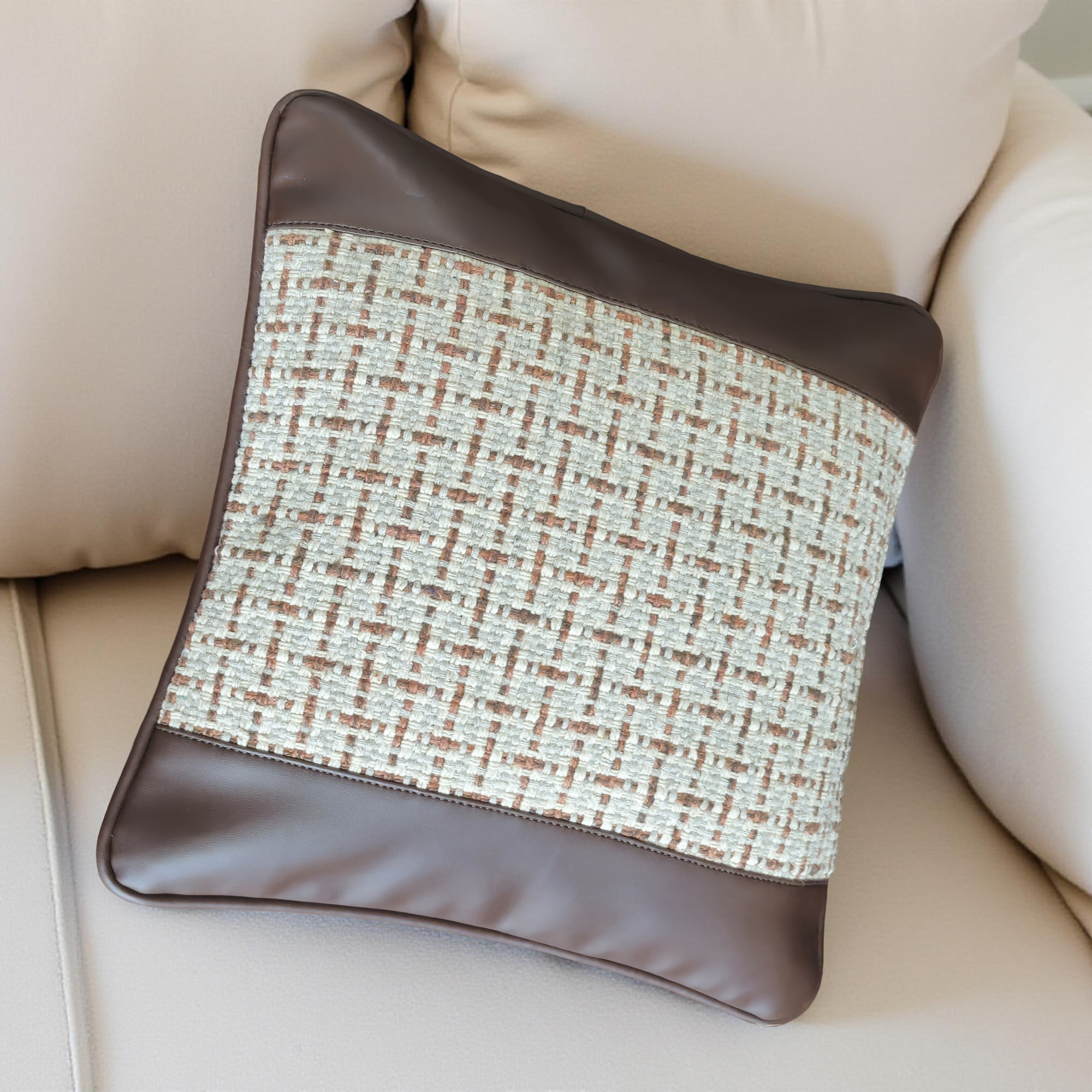 Decorative Faux Leather & Handloom Weave Pillow Covers - Set of 2  (Medium)