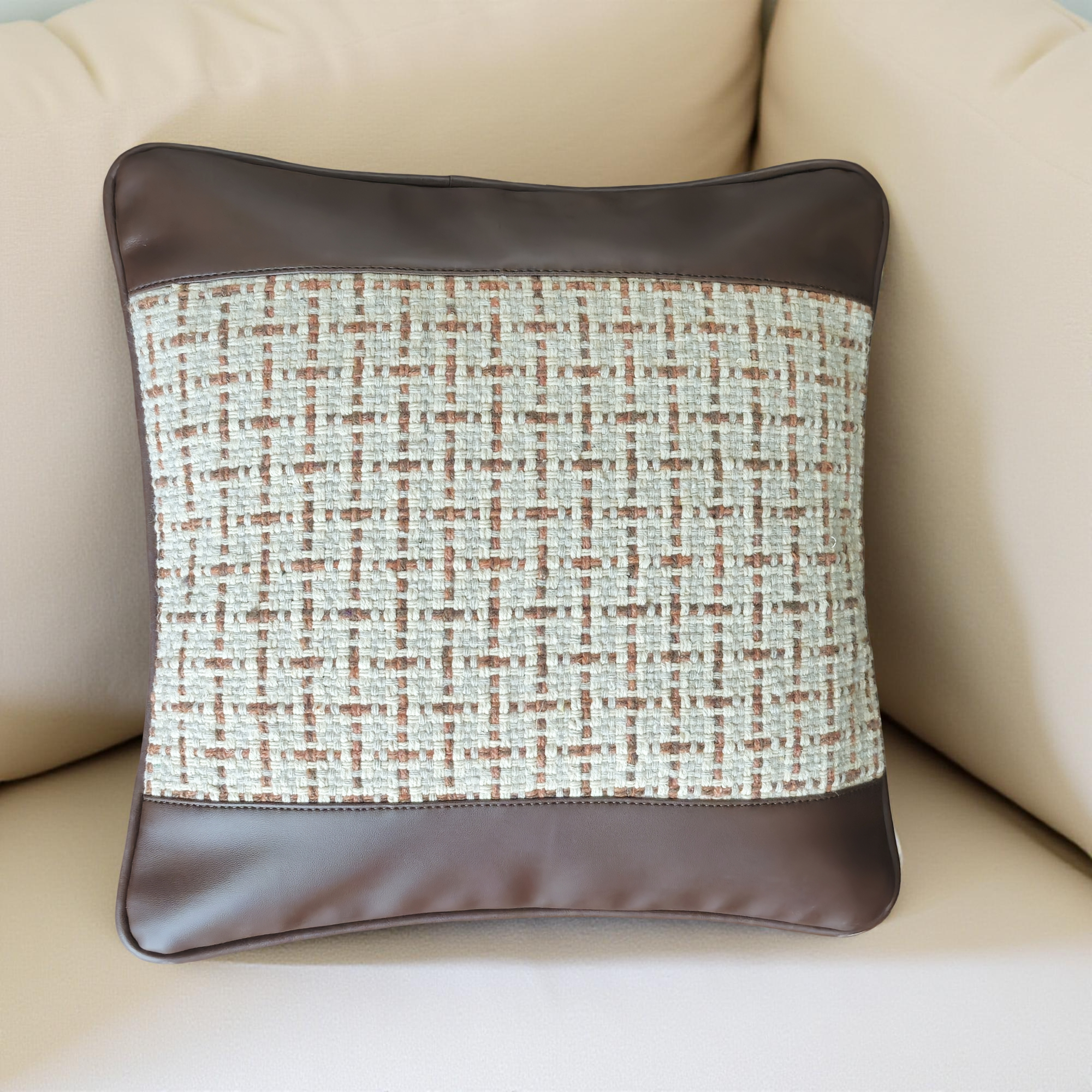 Decorative Faux Leather & Handloom Weave Pillow Covers - Set of 2  (Medium)