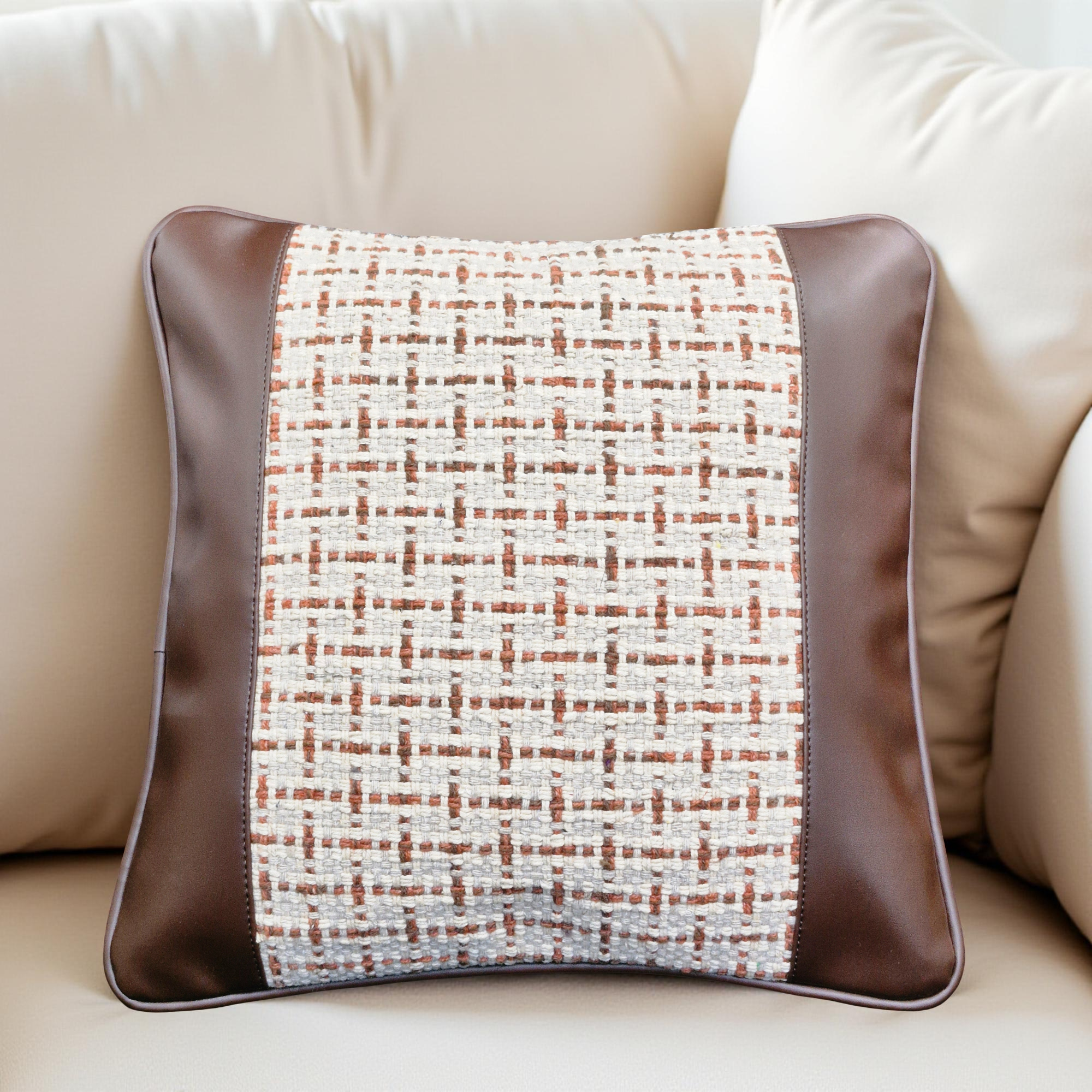 Decorative Faux Leather & Handloom Weave Pillow Covers - Set of 2  (Medium)
