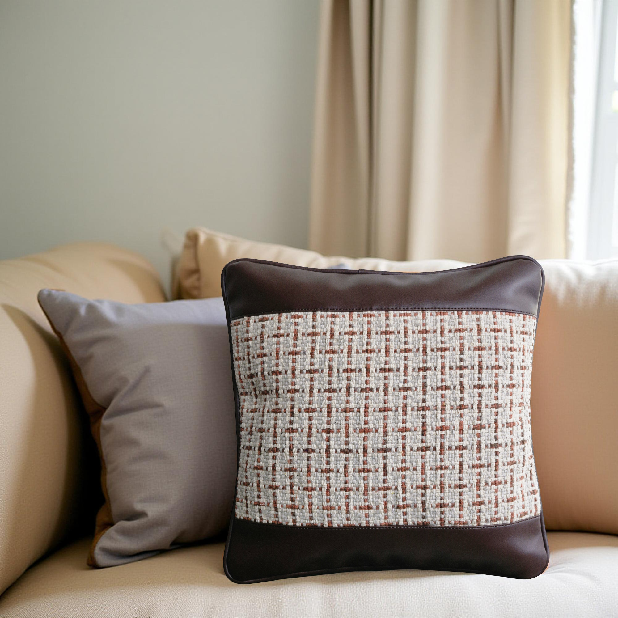 Decorative Faux Leather & Handloom Weave Pillow Covers - Set of 2  (Medium)