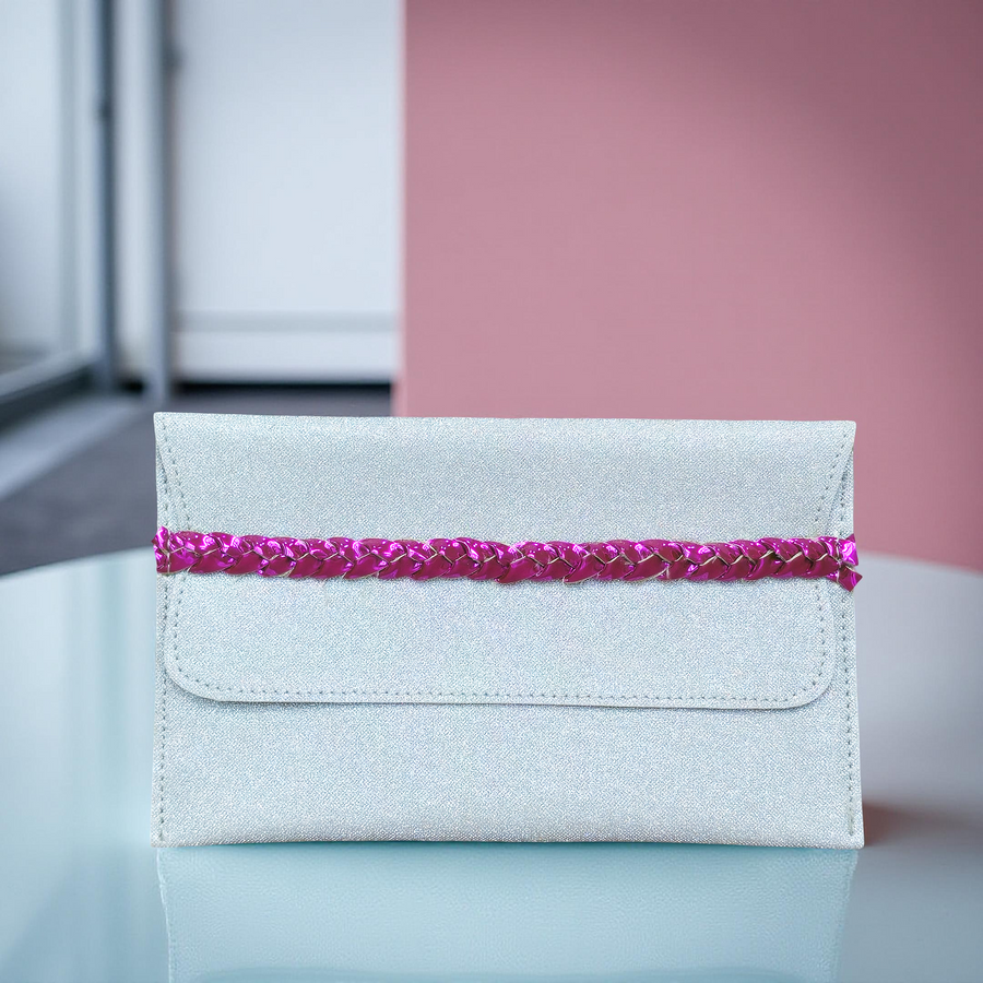 Silver Shimmer & Pink Vegan Leather Shagun Envelope | Braided Accent (Combo of 5)
