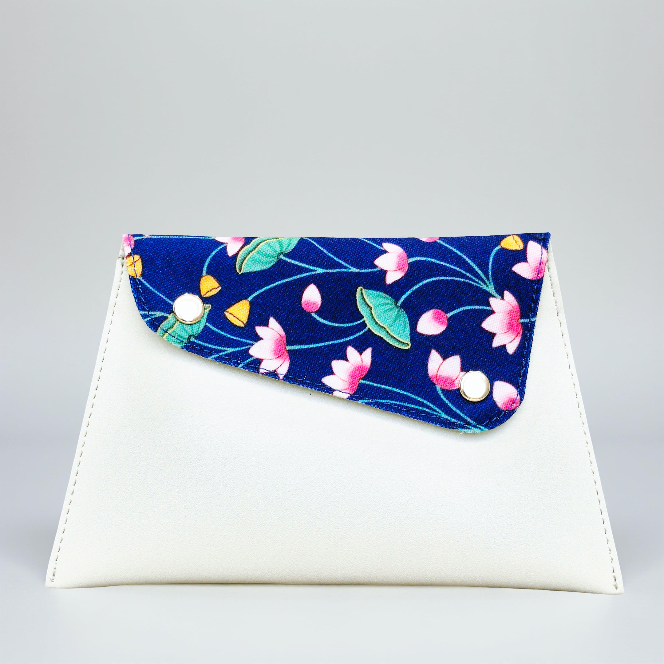 White & Blue Floral Envelope Pouch – Vegan Leather Shagun & Essentials Holder with Snap Closure