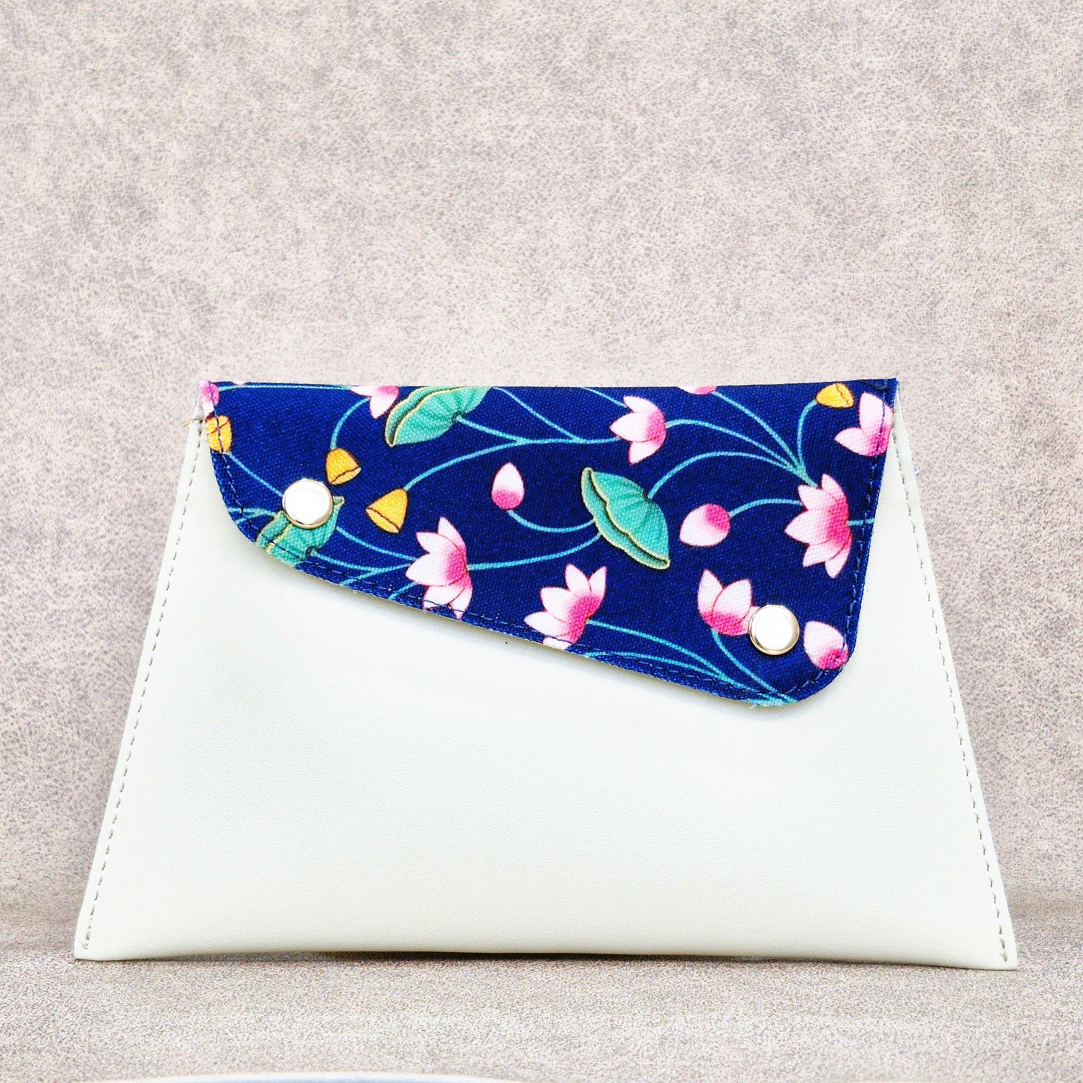 White & Blue Floral Envelope Pouch – Vegan Leather Shagun & Essentials Holder with Snap Closure