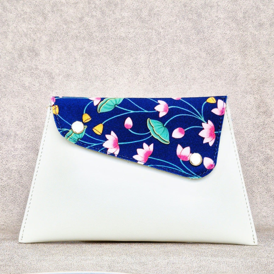 White & Blue Floral Envelope Pouch – Vegan Leather Shagun & Essentials Holder with Snap Closure