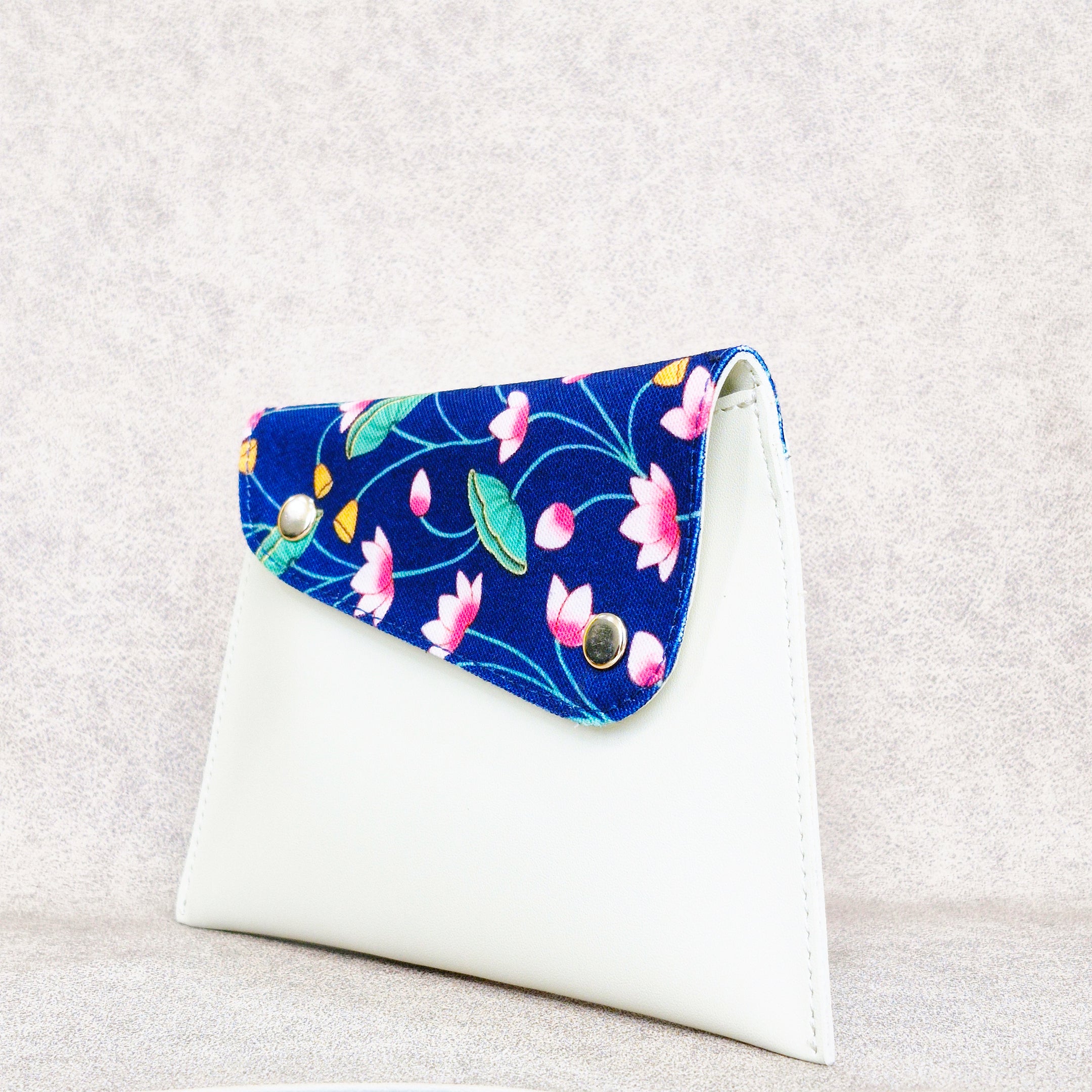 White & Blue Floral Envelope Pouch – Vegan Leather Shagun & Essentials Holder with Snap Closure