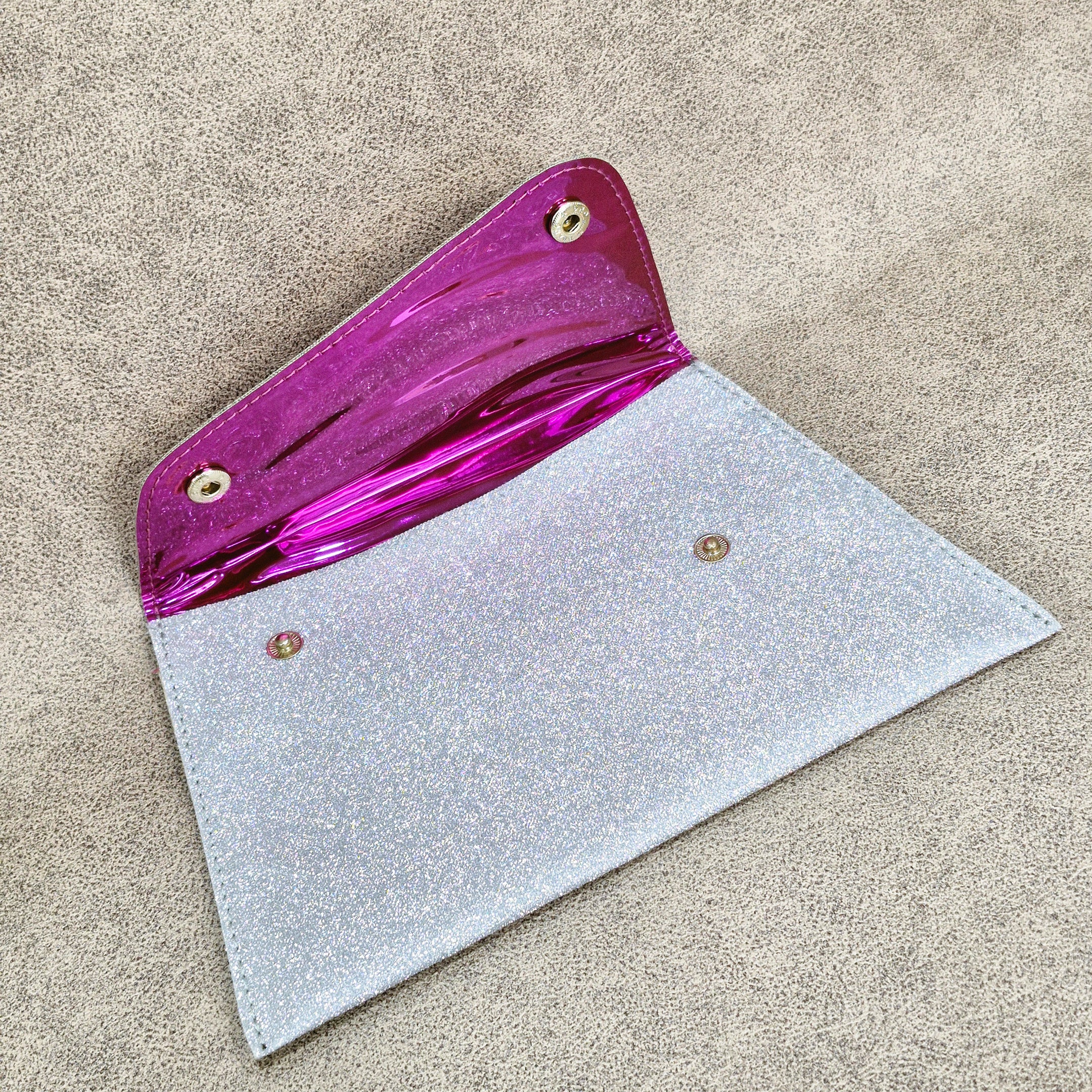 Pink & Silver Shimmer Envelope Pouch – Vegan Leather Shagun Holder with Snap Closure
