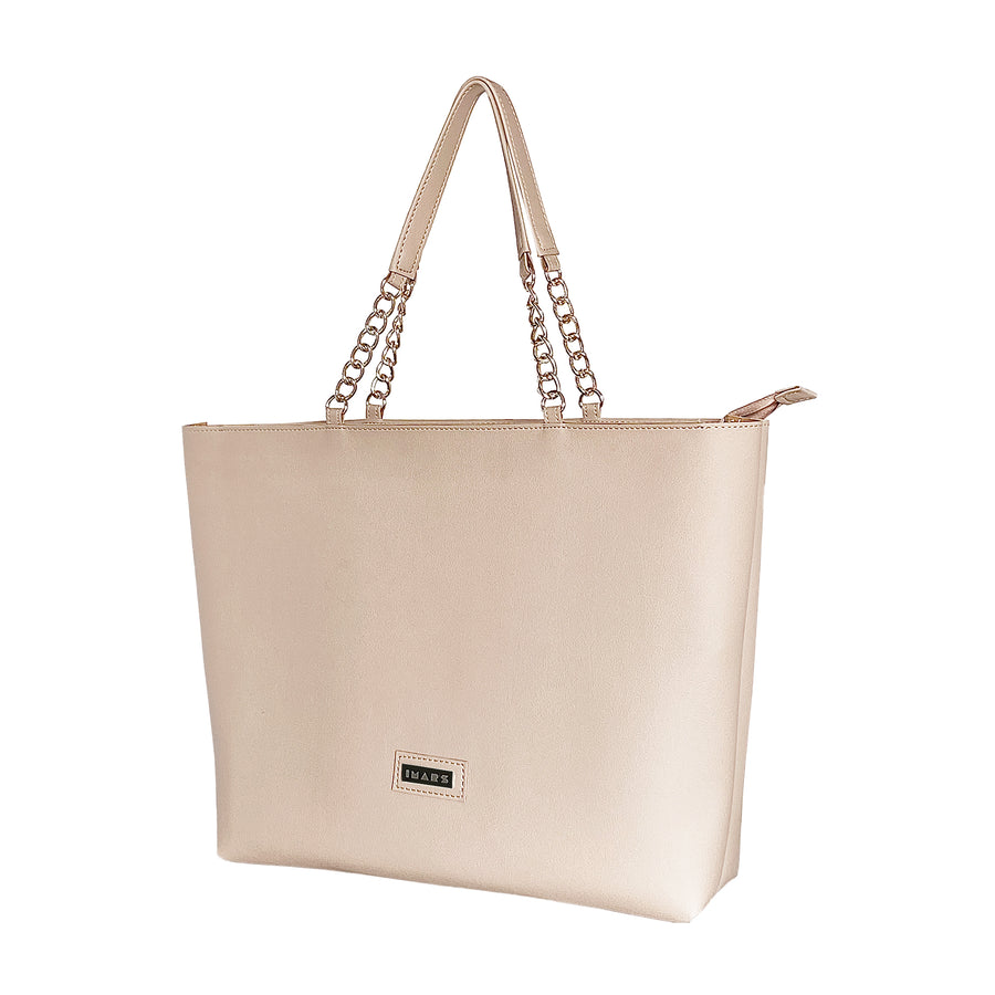 Women’s Beige Chain Tote Vegan Leather Handbag