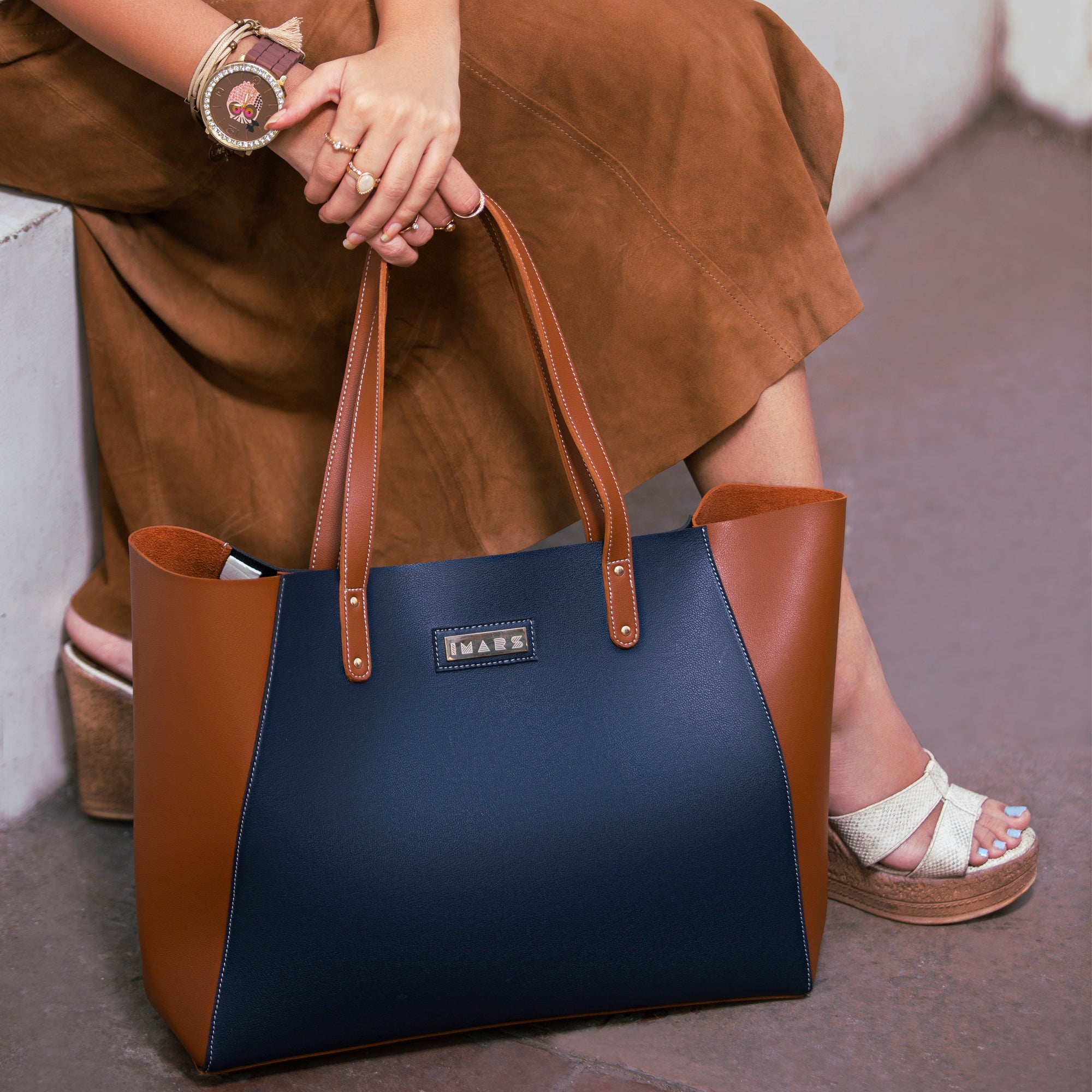 Elegant Blue Tan Handbag Perfect For Women & Girls