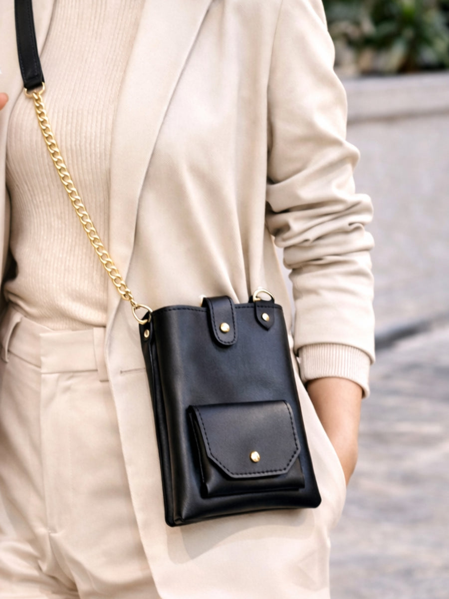 Black Vegan Leather Sling Mobile Bag – Elegant Crossbody Pouch with Golden Chain & Earbuds Pocket