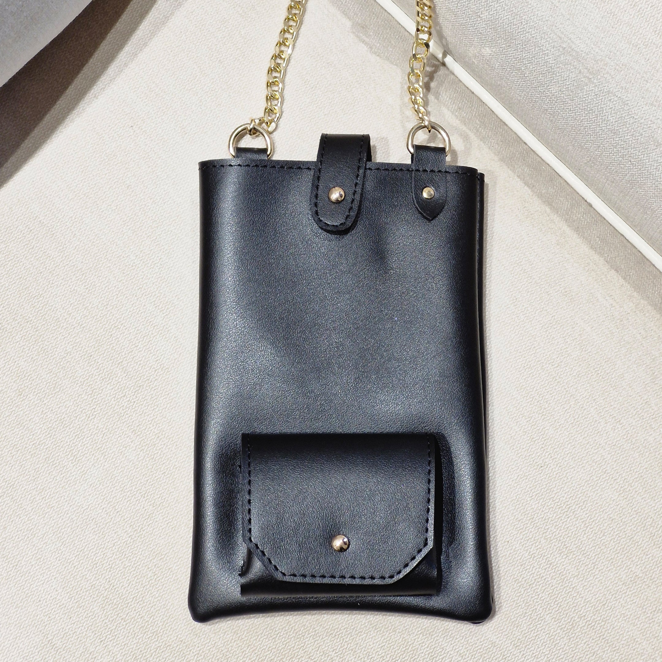 Black Vegan Leather Sling Mobile Bag – Elegant Crossbody Pouch with Golden Chain & Earbuds Pocket