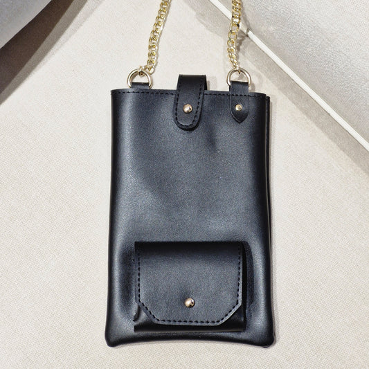 Black Vegan Leather Sling Mobile Bag – Elegant Crossbody Pouch with Golden Chain & Earbuds Pocket