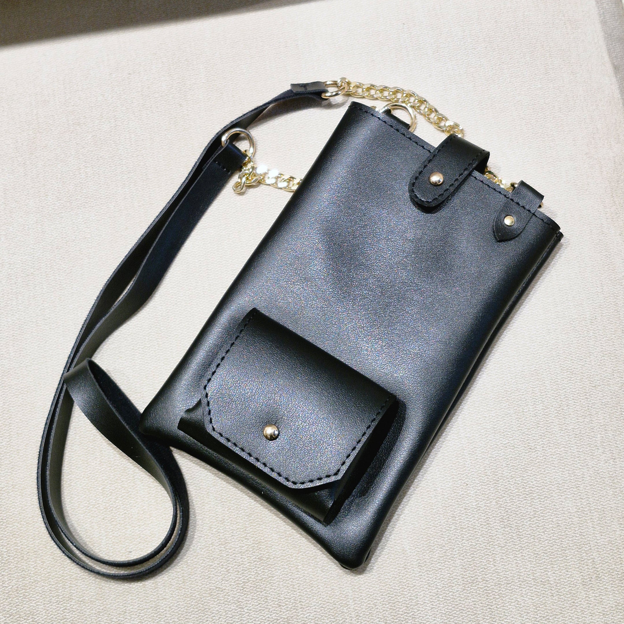 Black Vegan Leather Sling Mobile Bag – Elegant Crossbody Pouch with Golden Chain & Earbuds Pocket