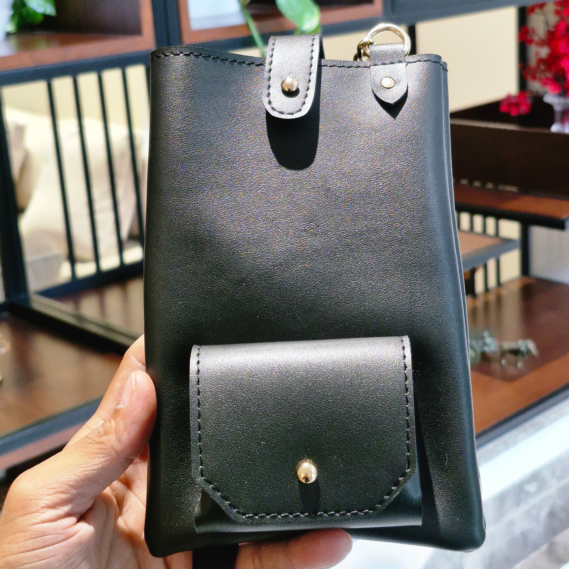 Black Vegan Leather Sling Mobile Bag – Elegant Crossbody Pouch with Golden Chain & Earbuds Pocket