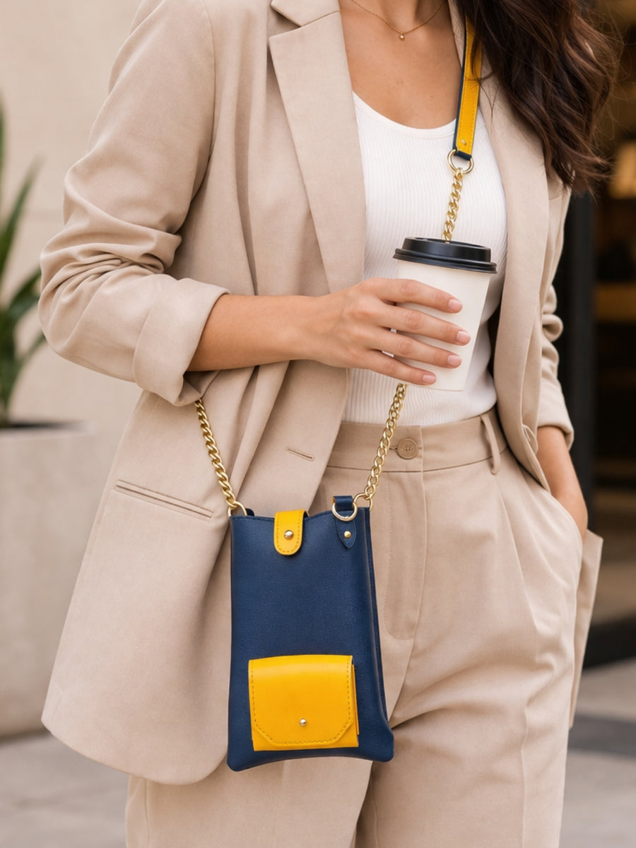 Trendy Vegan Leather Sling Mobile Bag – Blue & Yellow Crossbody Pouch with Earbuds Compartment & Golden Chain Strap