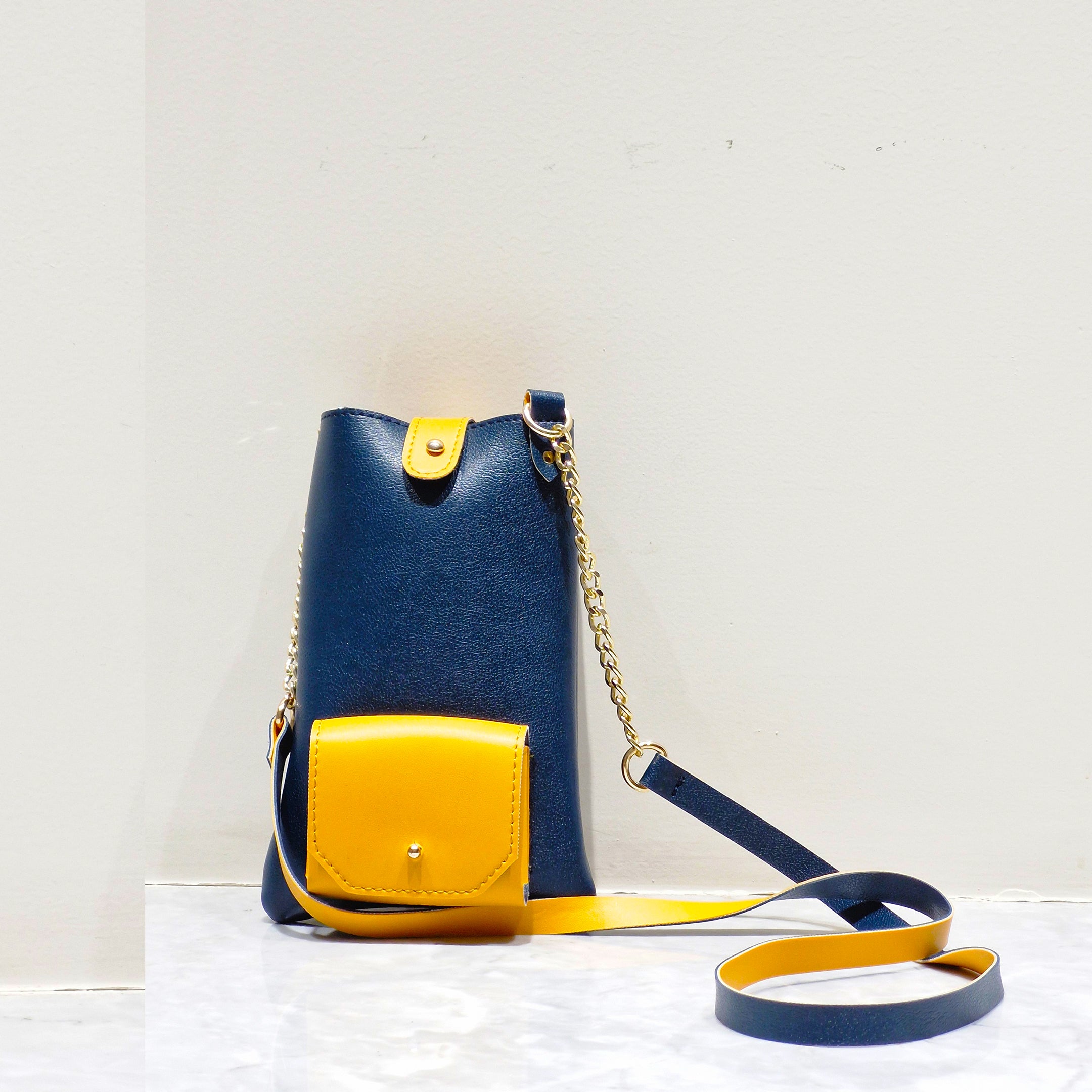 Trendy Vegan Leather Sling Mobile Bag – Blue & Yellow Crossbody Pouch with Earbuds Compartment & Golden Chain Strap