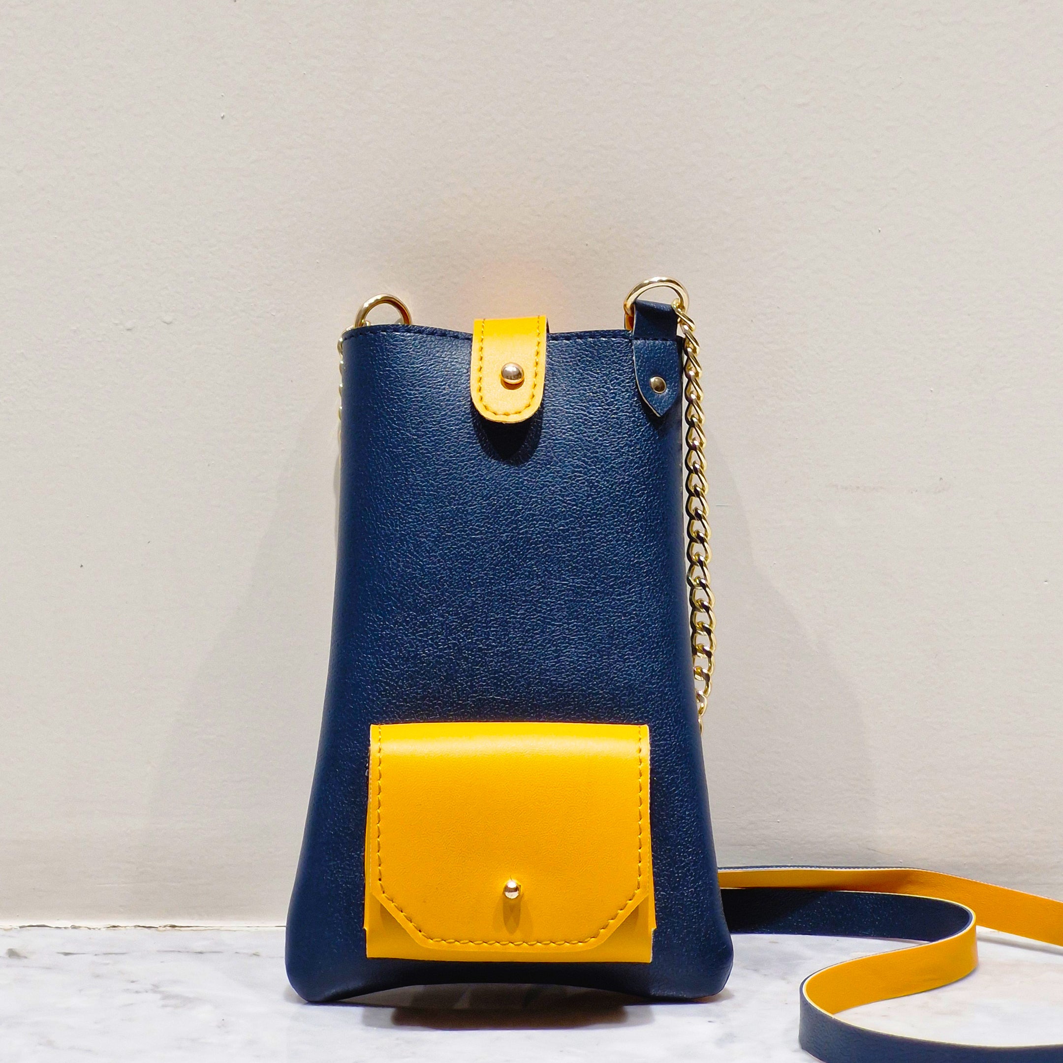 Trendy Vegan Leather Sling Mobile Bag – Blue & Yellow Crossbody Pouch with Earbuds Compartment & Golden Chain Strap